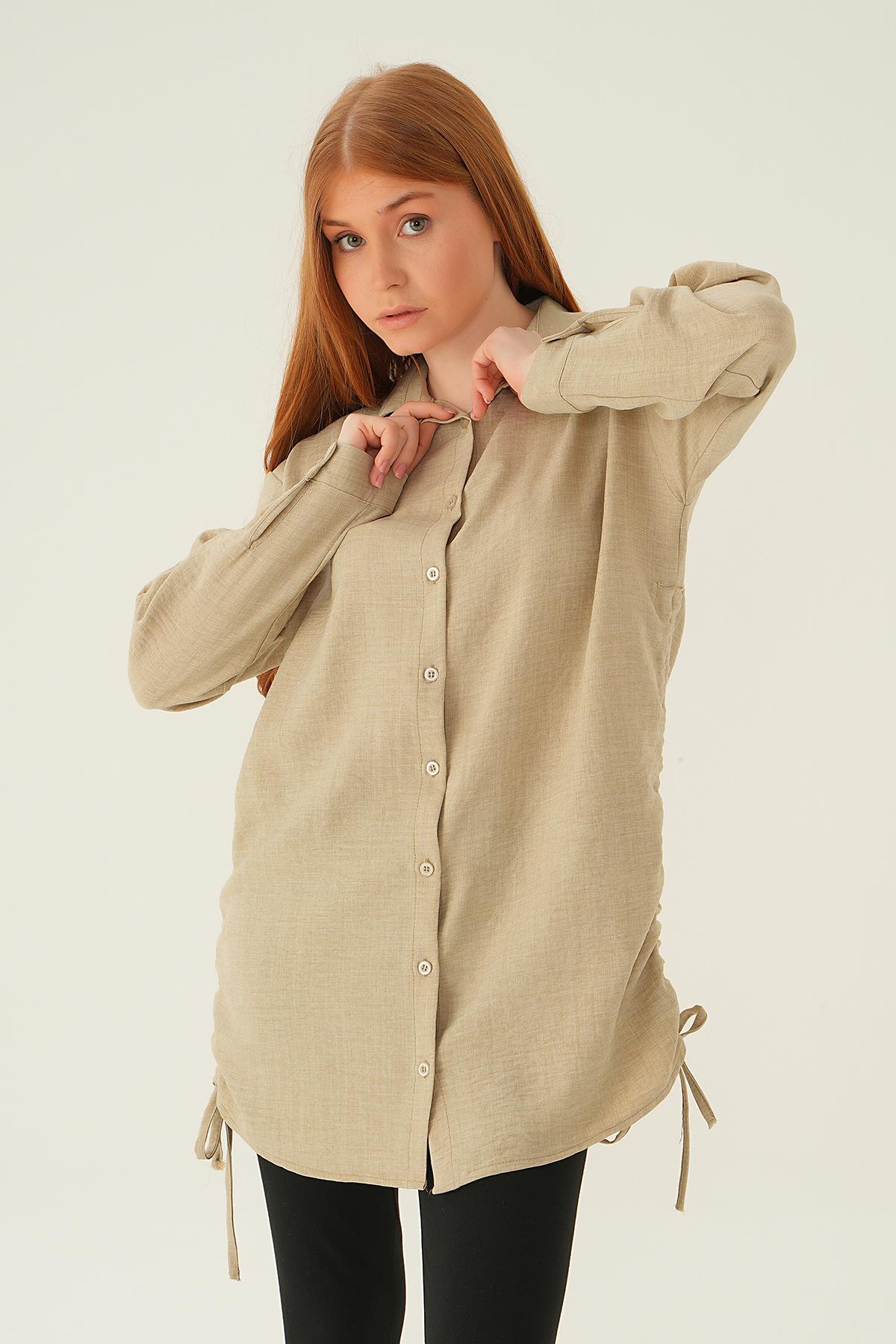 6837A Yanları Büzgülü Tunik Bej - 4