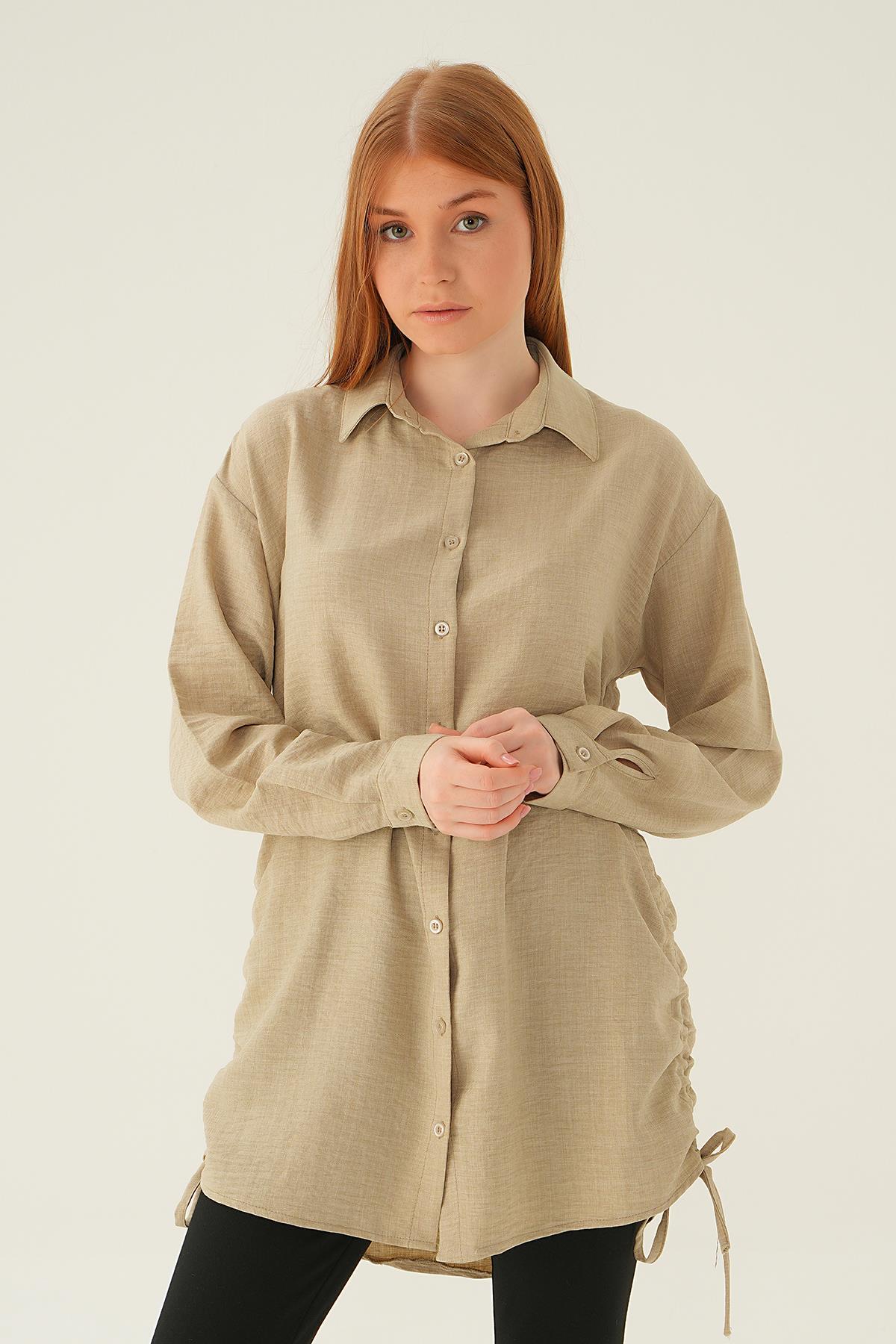 Bej Yanları Büzgülü Tunik 6837A - 1