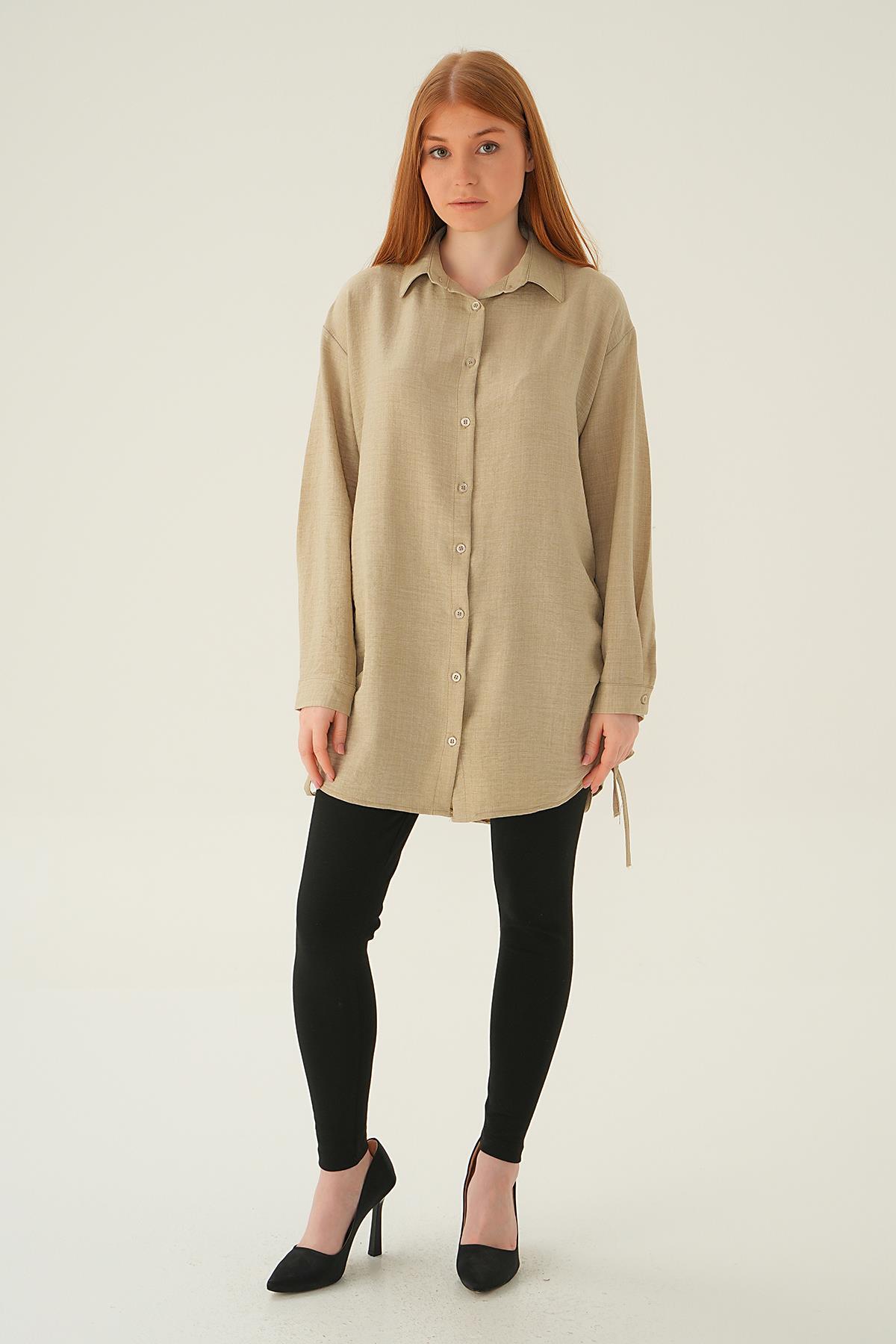 Bej Yanları Büzgülü Tunik 6837A - 6