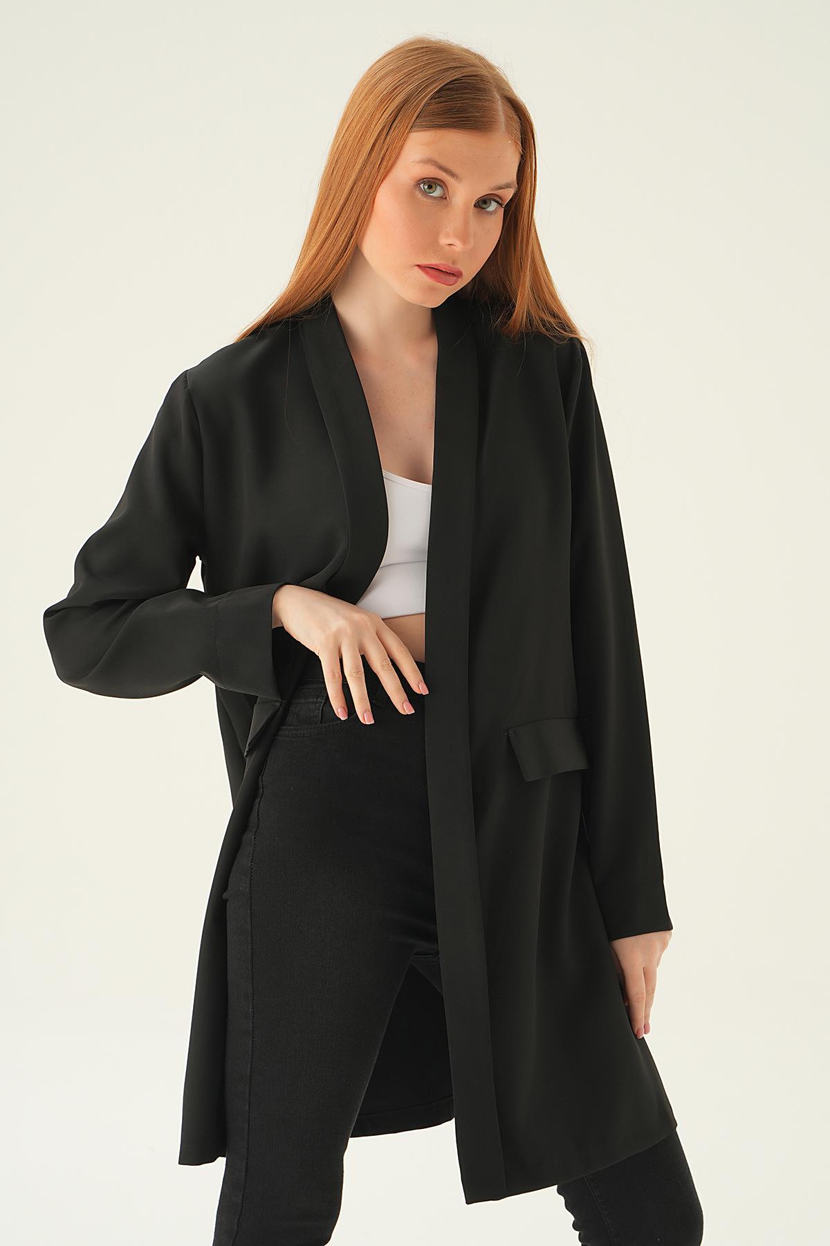 6839A Uzun Ceket Siyah - 1