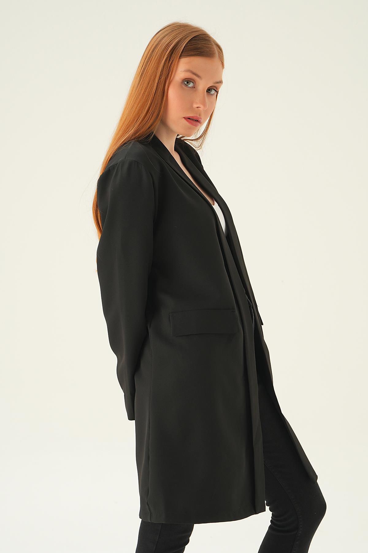 Siyah Uzun Ceket 6839A - 4