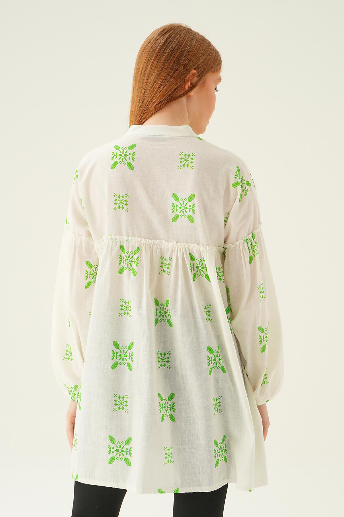 6853A Hakim Yaka Desenli Tunik Benetton Yeşili - 6