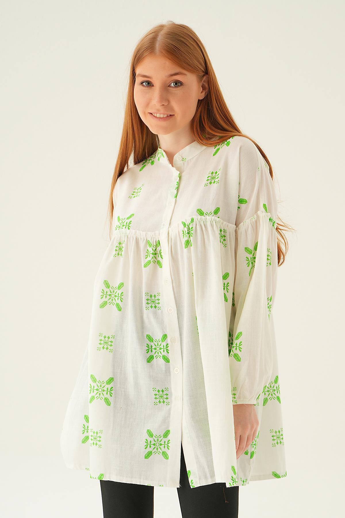 6853A Hakim Yaka Desenli Tunik Benetton Yeşili 