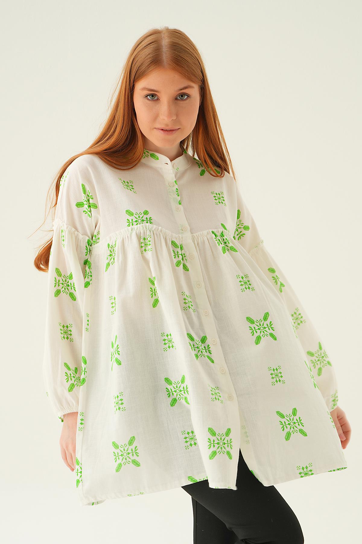 6853A Hakim Yaka Desenli Tunik Benetton Yeşili - 5