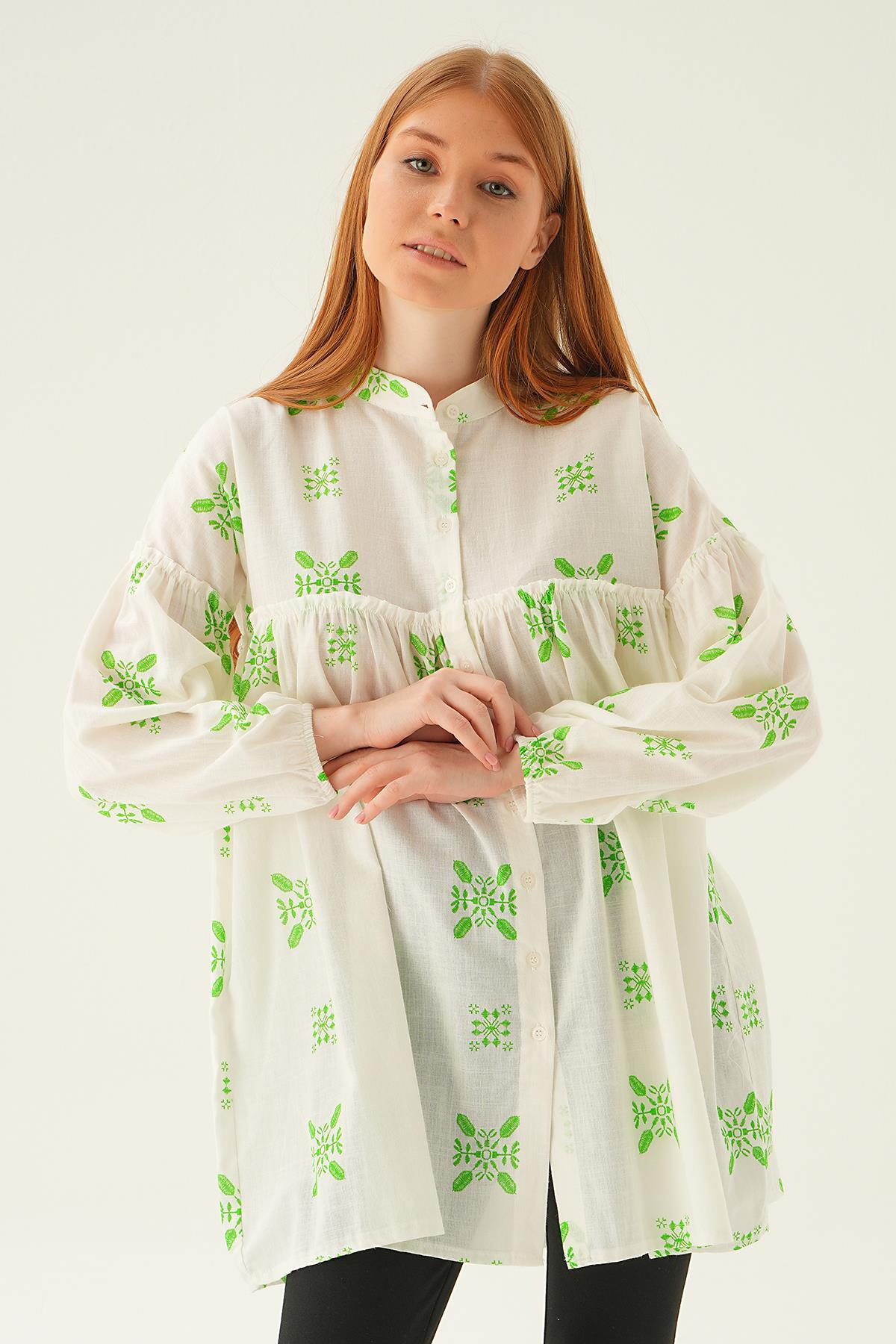 Benetton Yeşili Hakim Yaka Desenli Tunik 6853A - 4