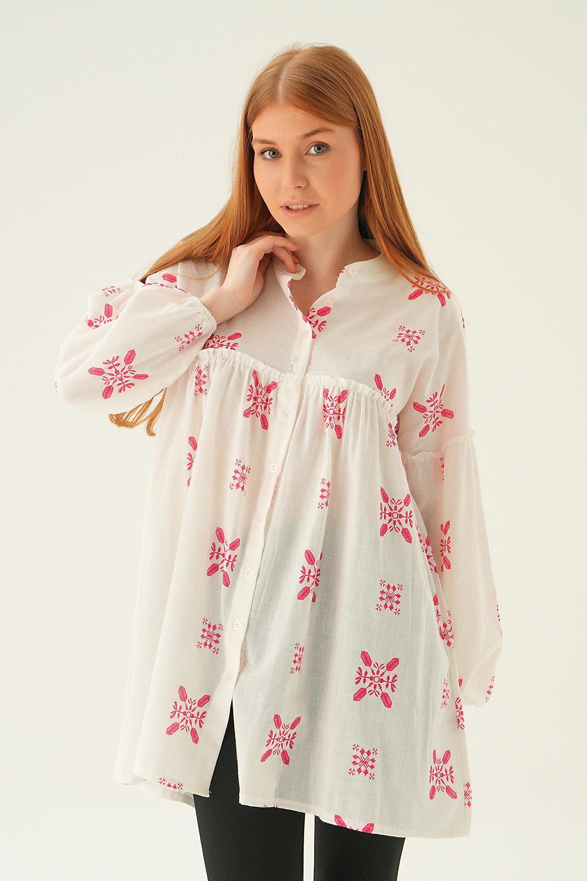 6853A Hakim Yaka Desenli Tunik Fuşya - 1