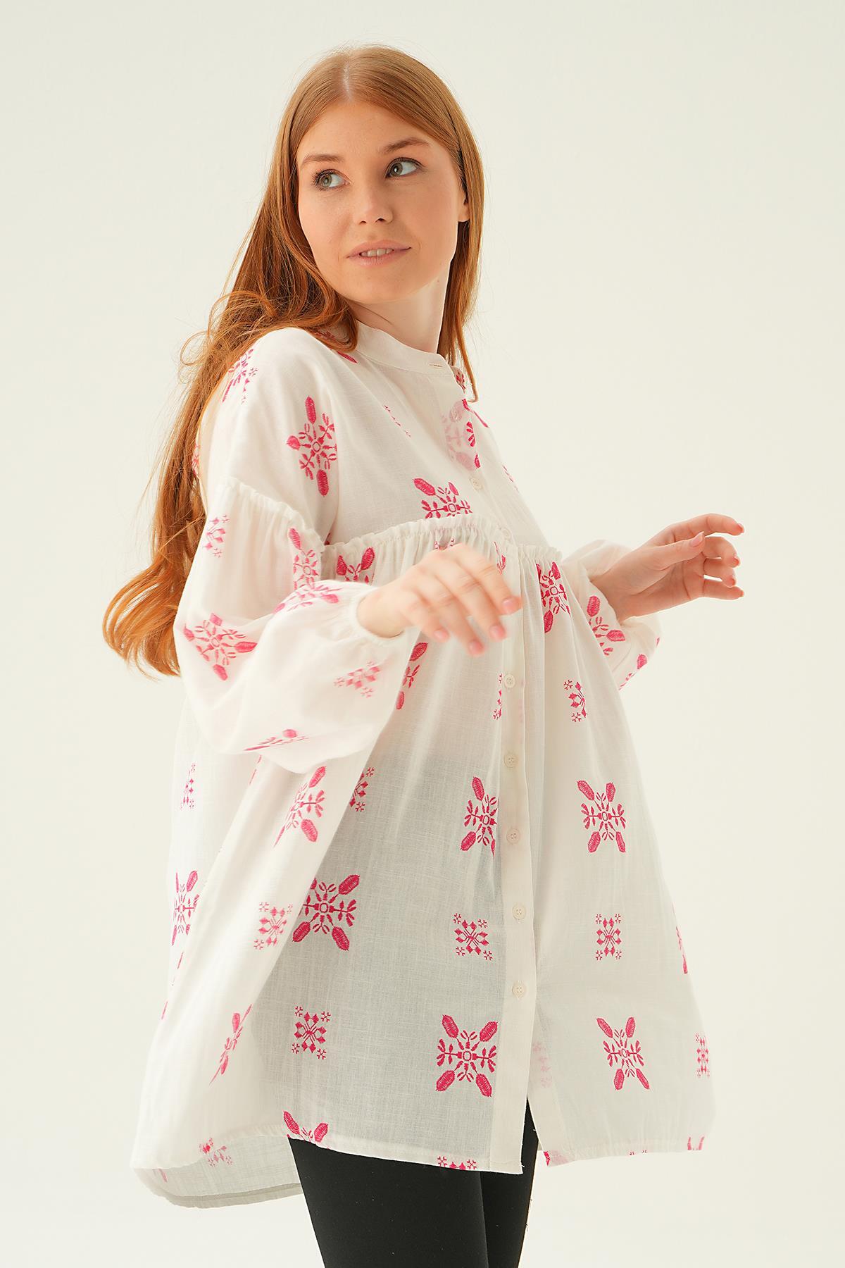 6853A Hakim Yaka Desenli Tunik Fuşya - 6