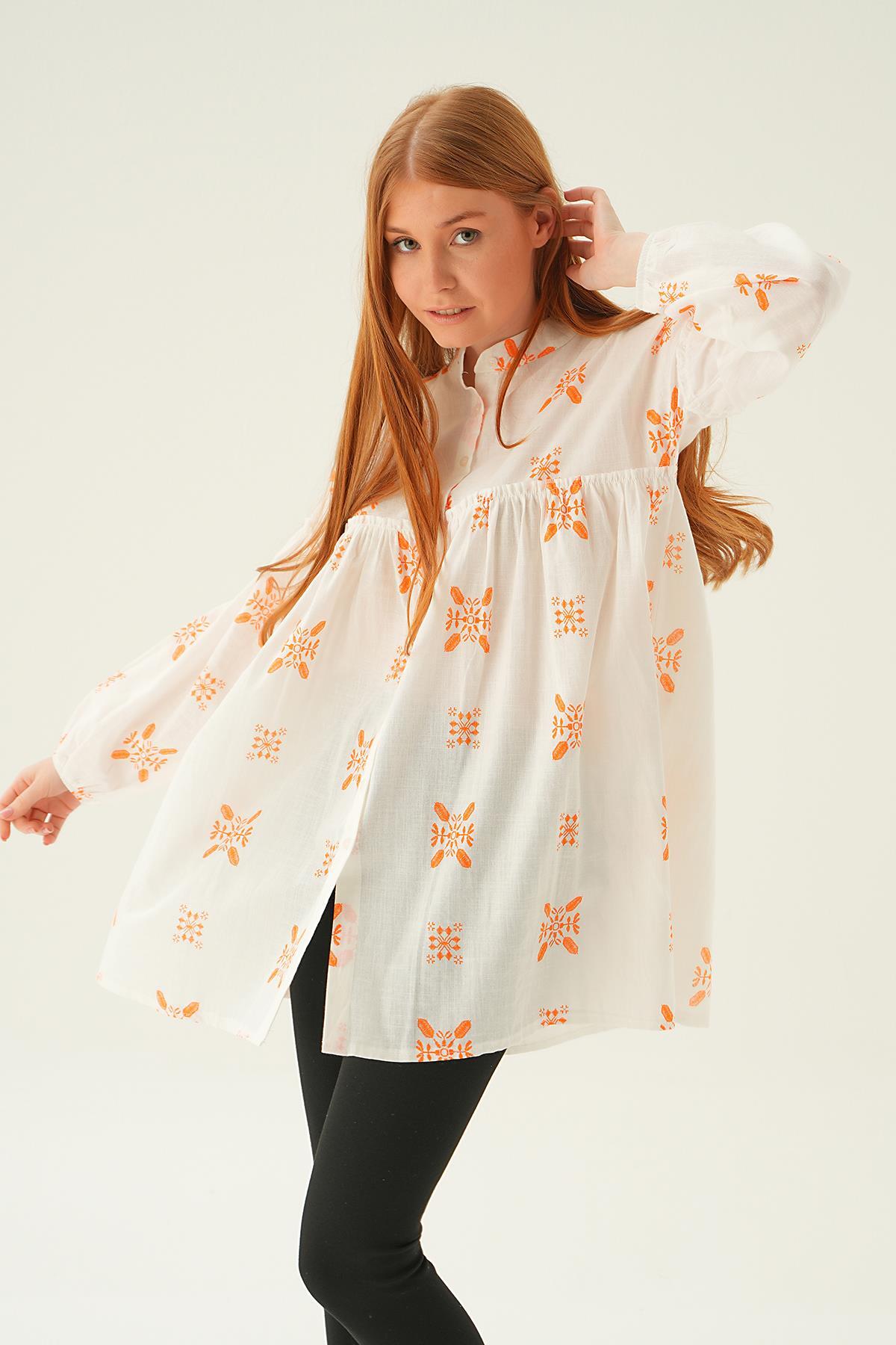 6853A Hakim Yaka Desenli Tunik Orange - 2