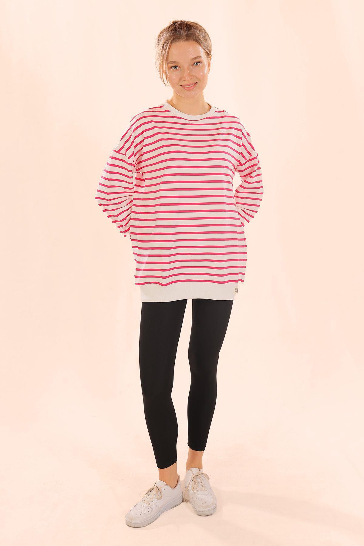 6859 Bisiklet Yaka Çizgili Sweat Fuşya - 8