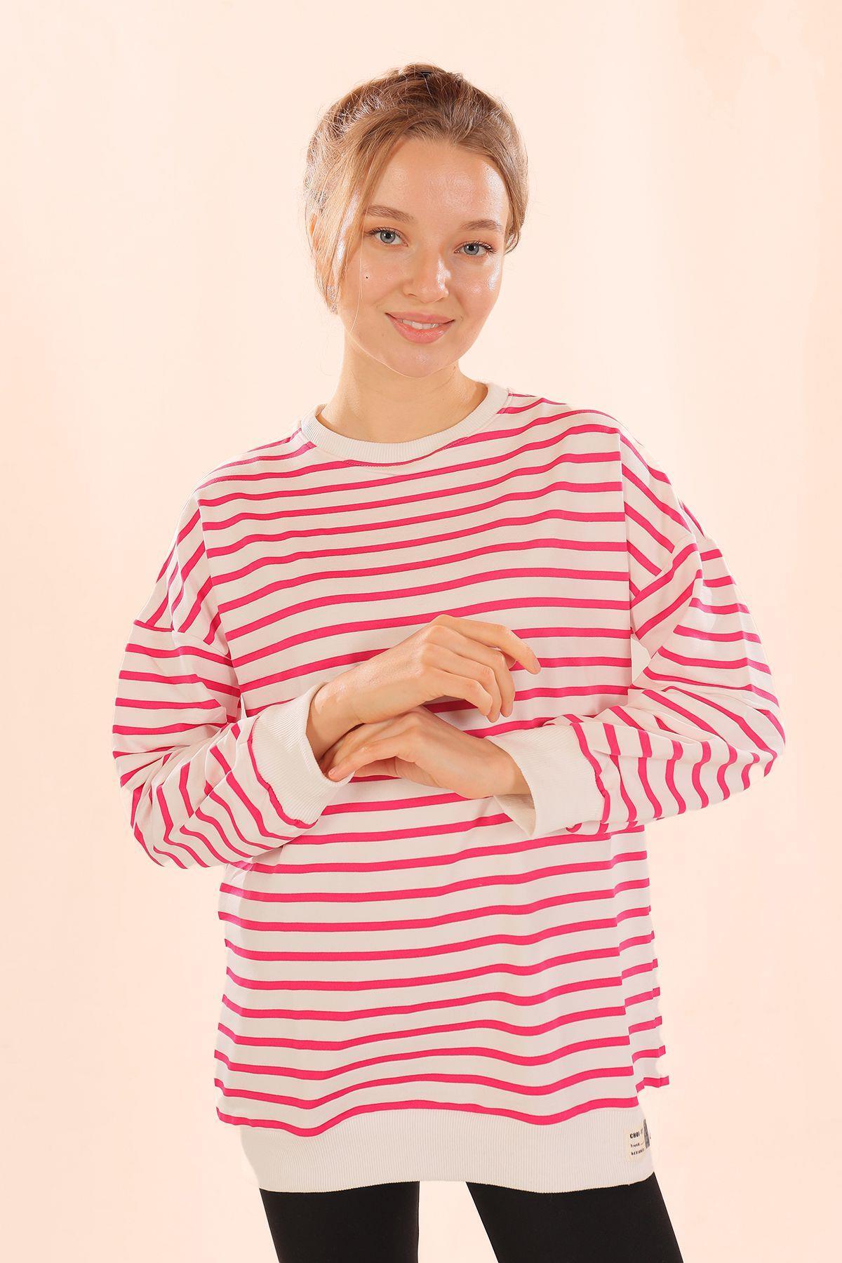 6859 Bisiklet Yaka Çizgili Sweat Fuşya - 1