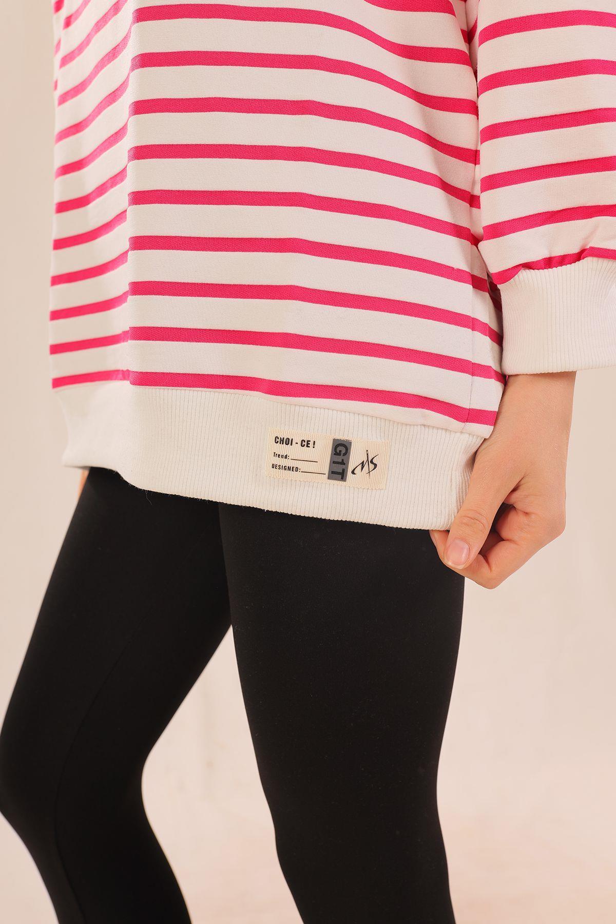 6859 Bisiklet Yaka Çizgili Sweat Fuşya - 2