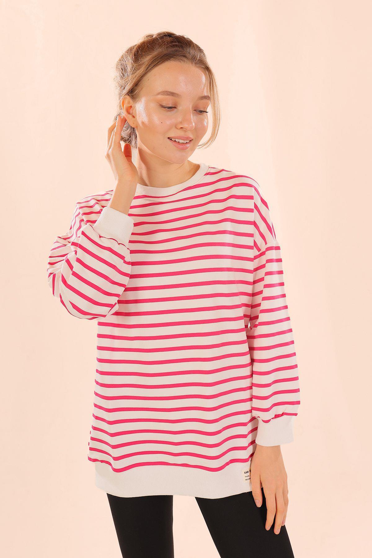 6859 Bisiklet Yaka Çizgili Sweat Fuşya - 4