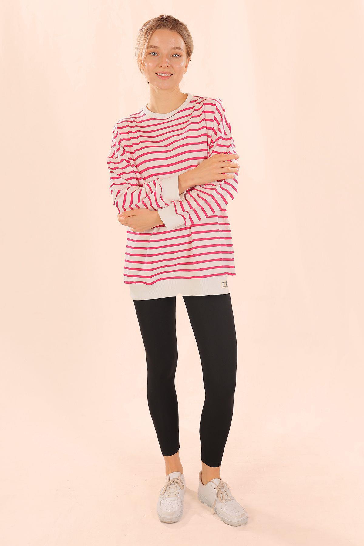 6859 Bisiklet Yaka Çizgili Sweat Fuşya - 7