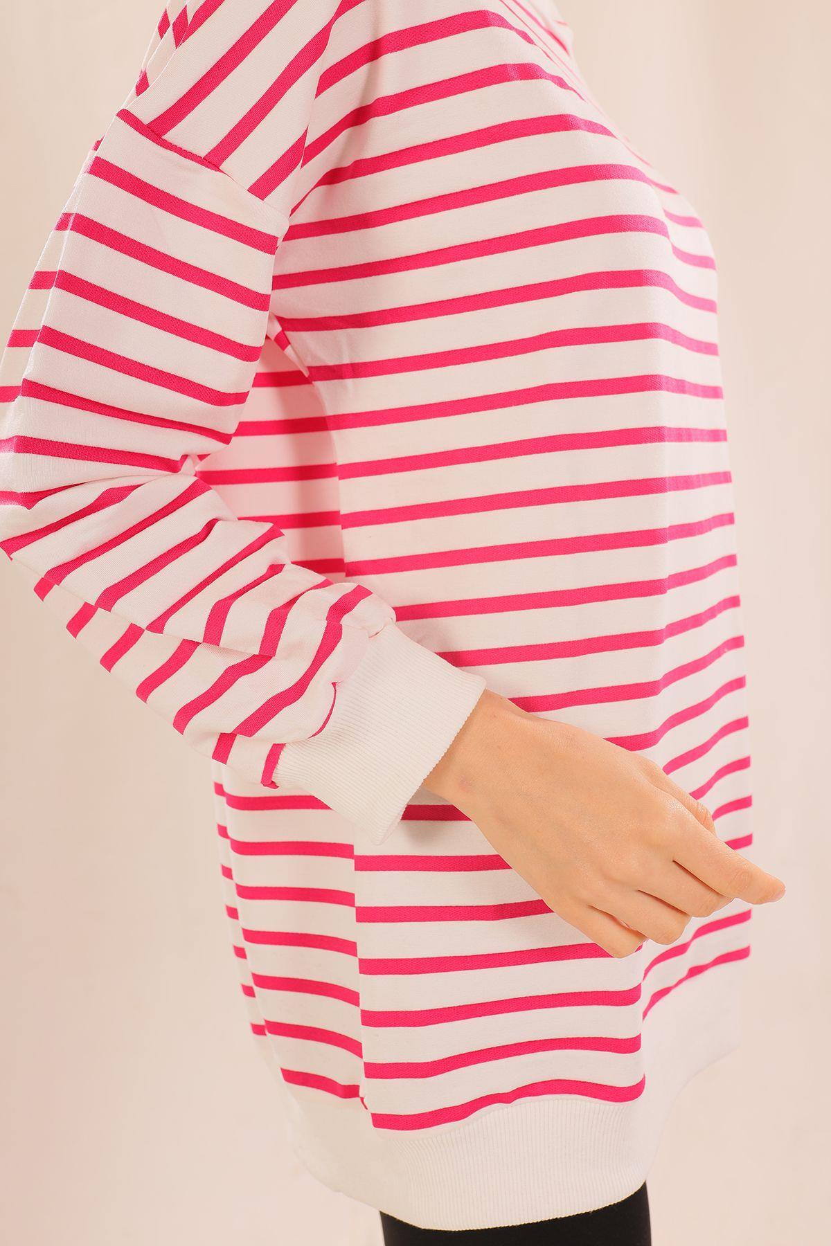 Fuşya Bisiklet Yaka Çizgili Sweat 6859 - 3