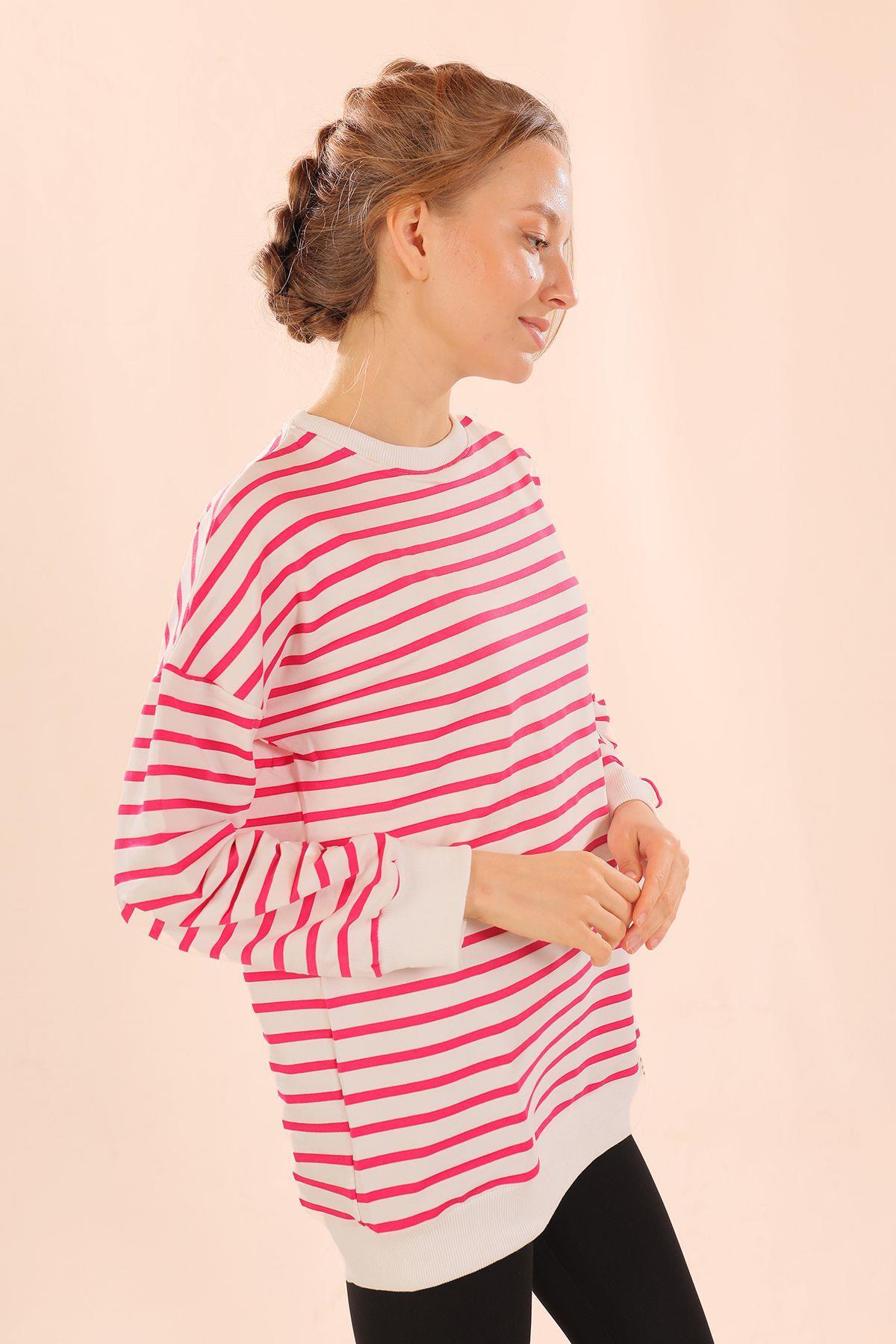 Fuşya Bisiklet Yaka Çizgili Sweat 6859 - 5