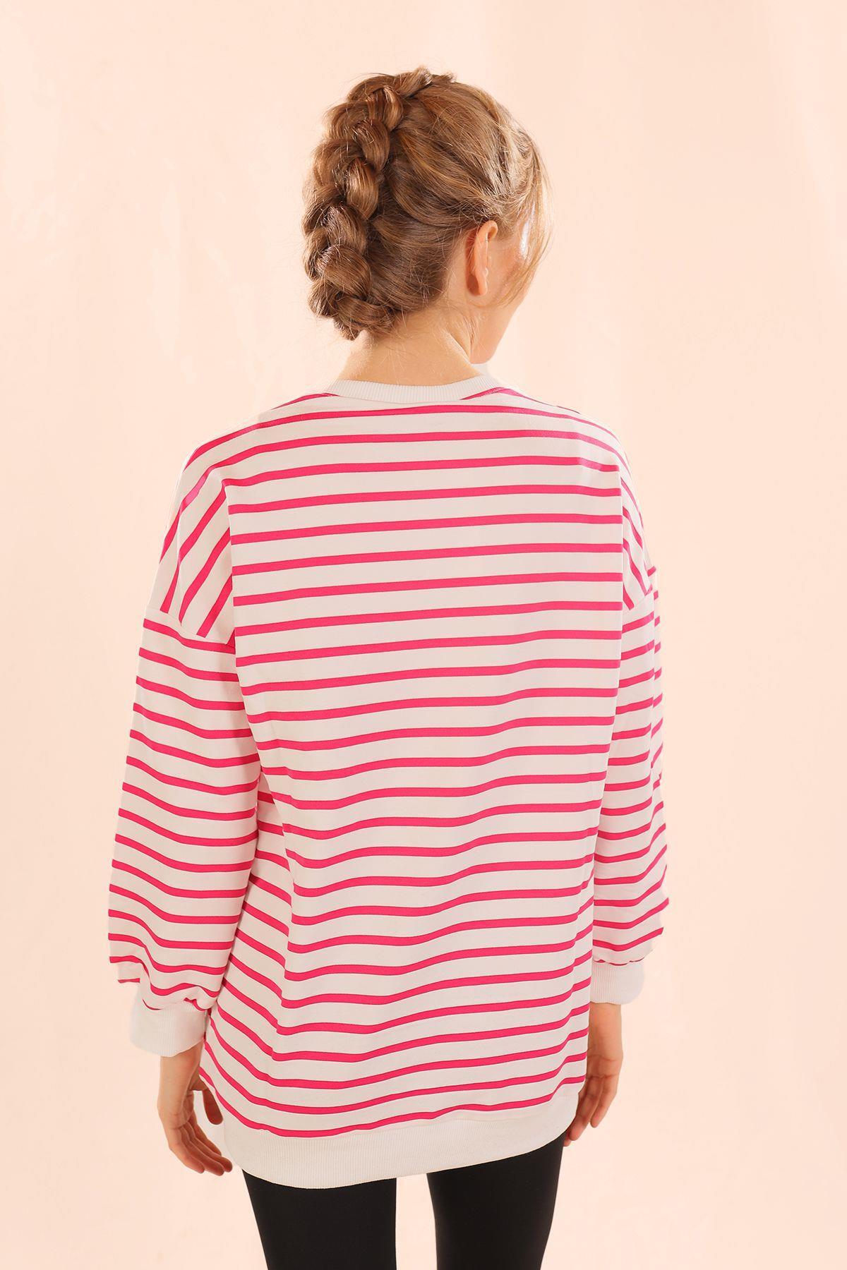 Fuşya Bisiklet Yaka Çizgili Sweat 6859 - 6