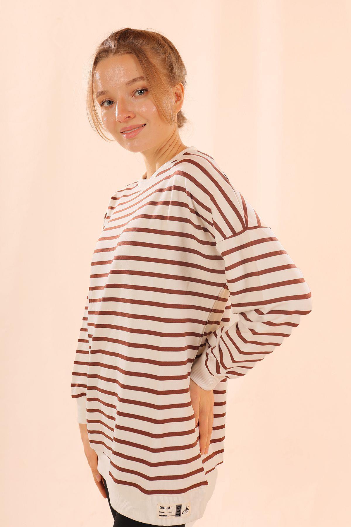 6859 Bisiklet Yaka Çizgili Sweat Kahve 