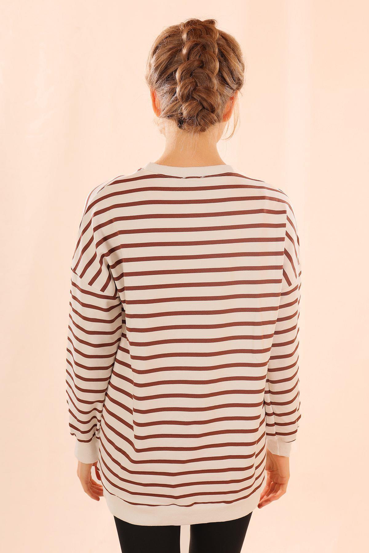 6859 Bisiklet Yaka Çizgili Sweat Kahve - 4