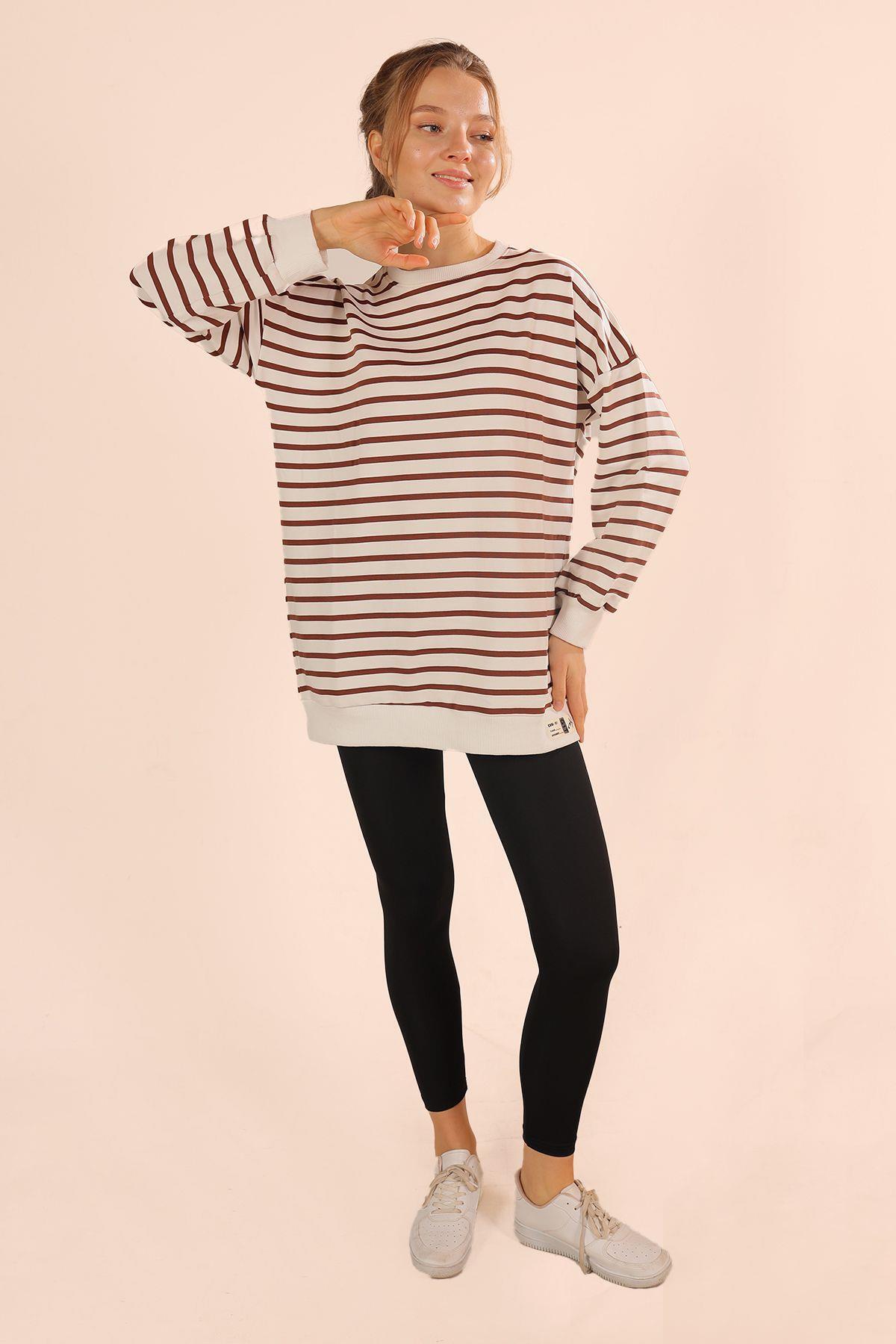 6859 Bisiklet Yaka Çizgili Sweat Kahve - 6