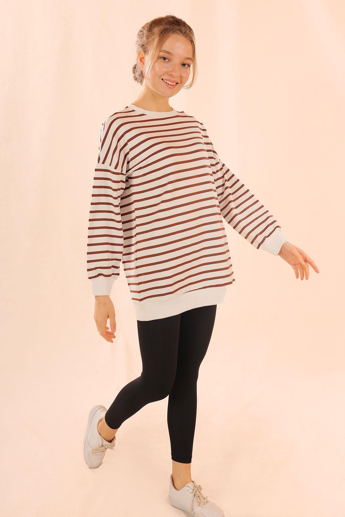 6859 Bisiklet Yaka Çizgili Sweat Kahve - 7