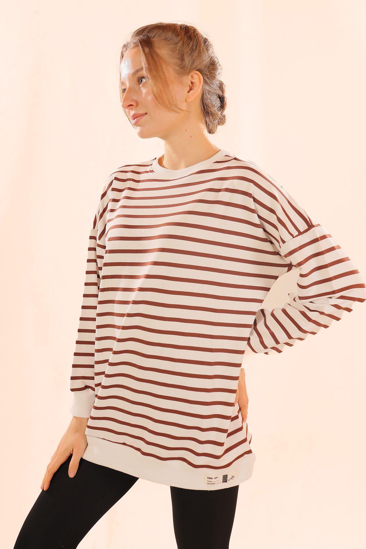 6859 Bisiklet Yaka Çizgili Sweat Kahve - 8