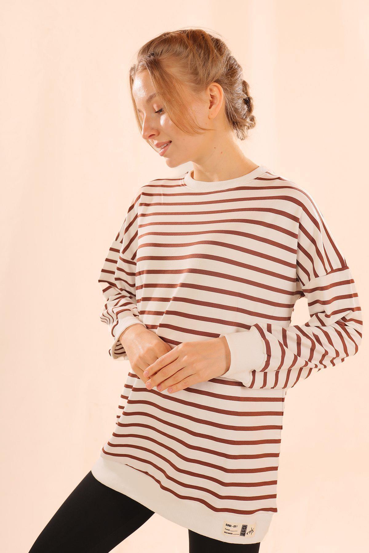 Kahve Bisiklet Yaka Çizgili Sweat 6859 - 2