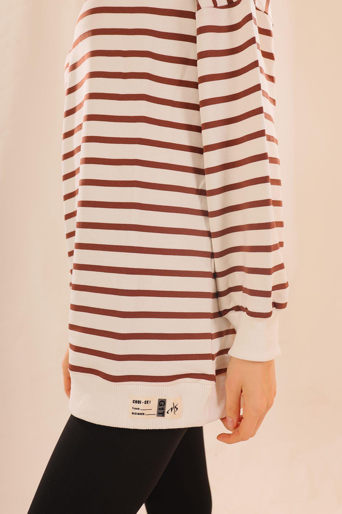 Kahve Bisiklet Yaka Çizgili Sweat 6859 - 3