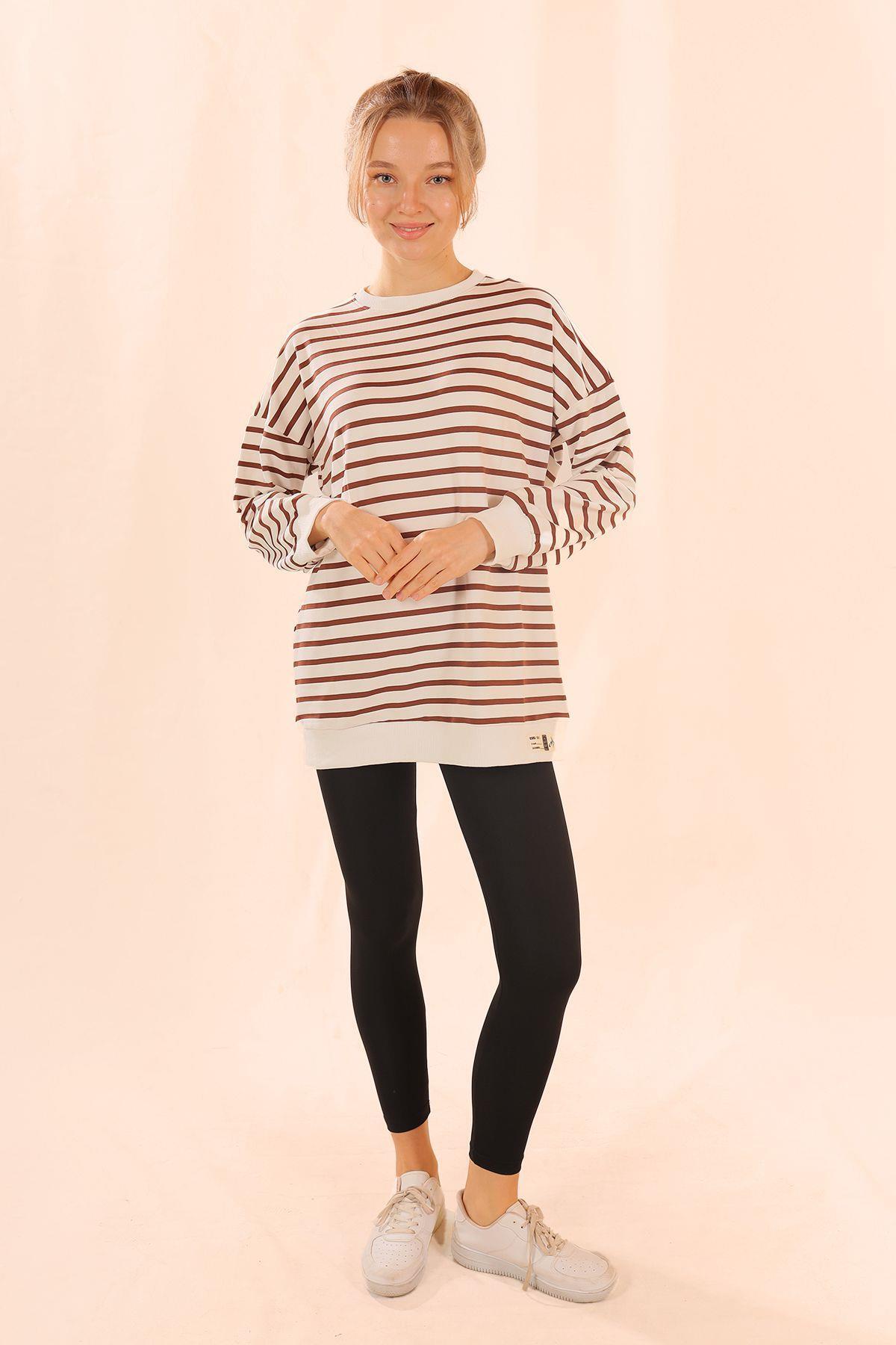 Kahve Bisiklet Yaka Çizgili Sweat 6859 - 5