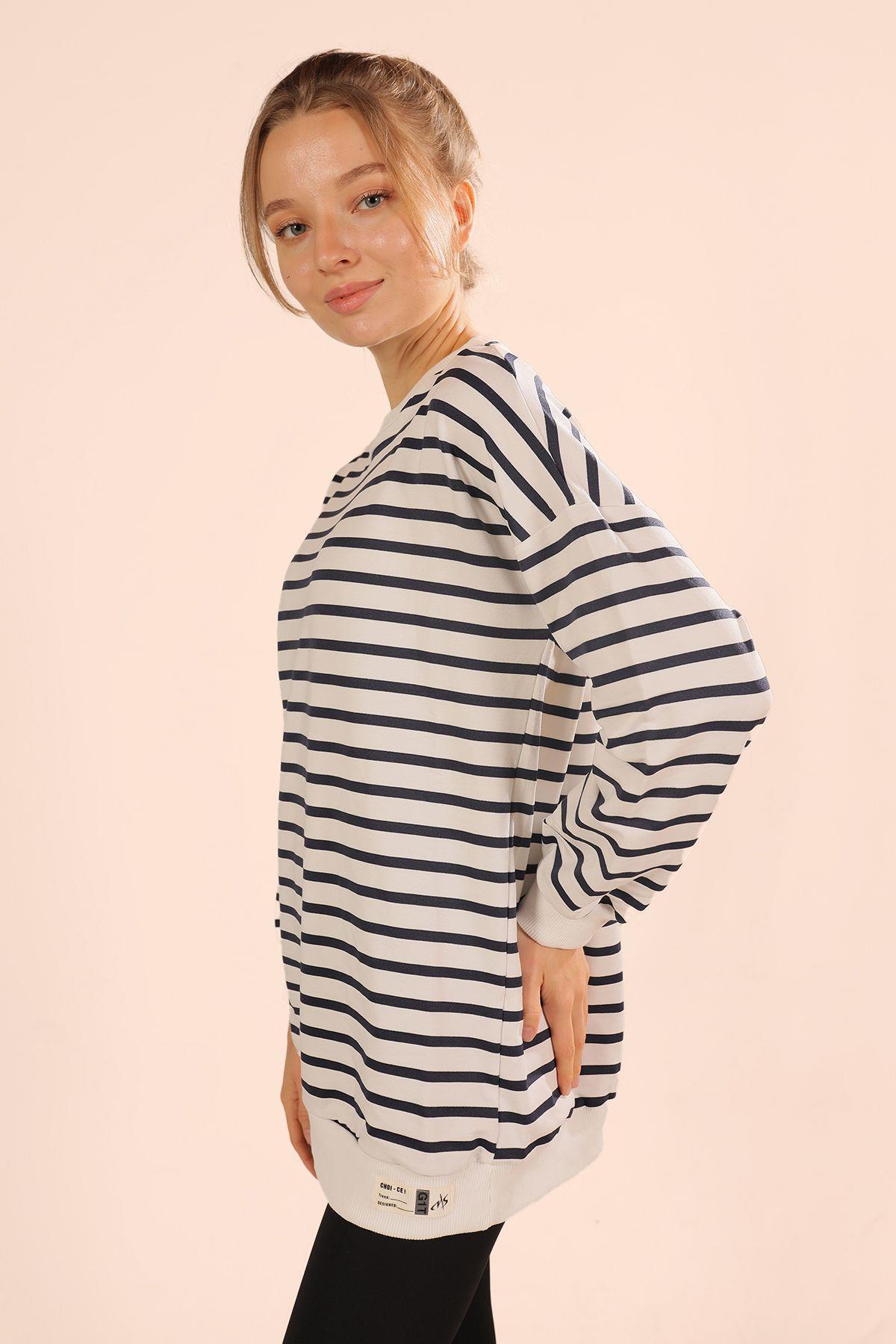 6859 Bisiklet Yaka Çizgili Sweat Laci - 6