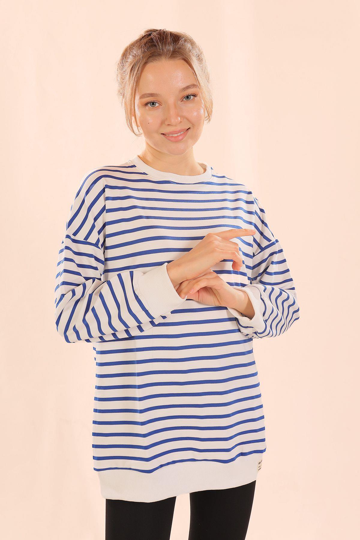 6859 Bisiklet Yaka Çizgili Sweat Saks - 1