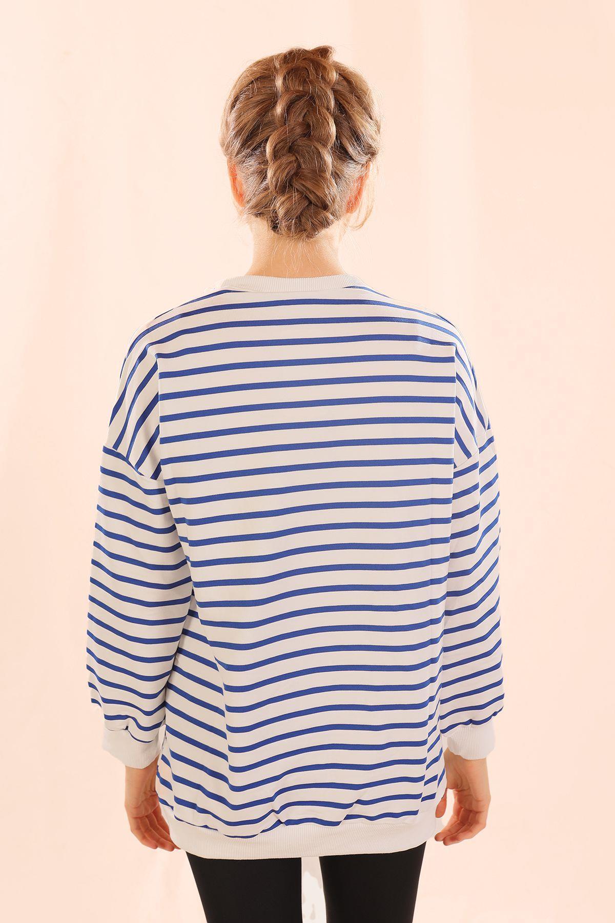 6859 Bisiklet Yaka Çizgili Sweat Saks - 4