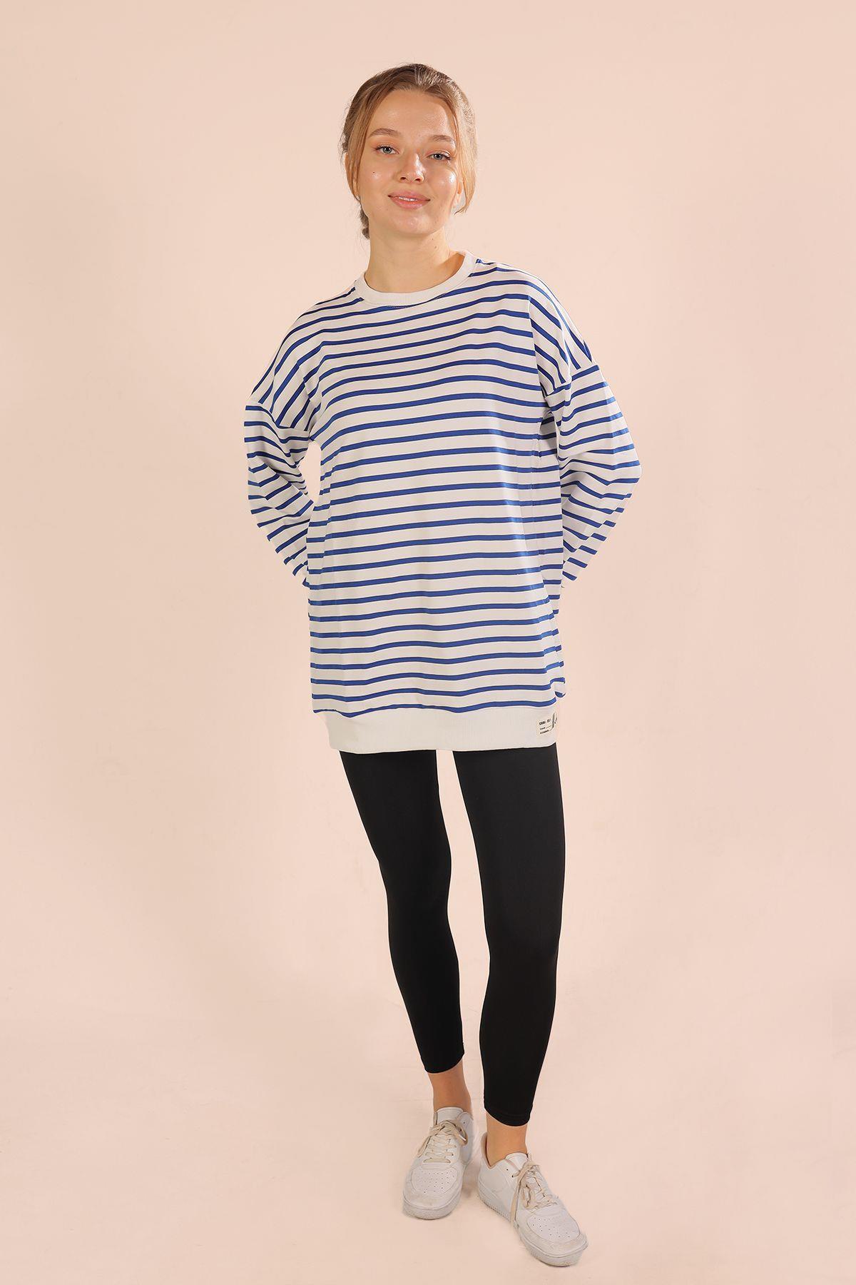 6859 Bisiklet Yaka Çizgili Sweat Saks - 5