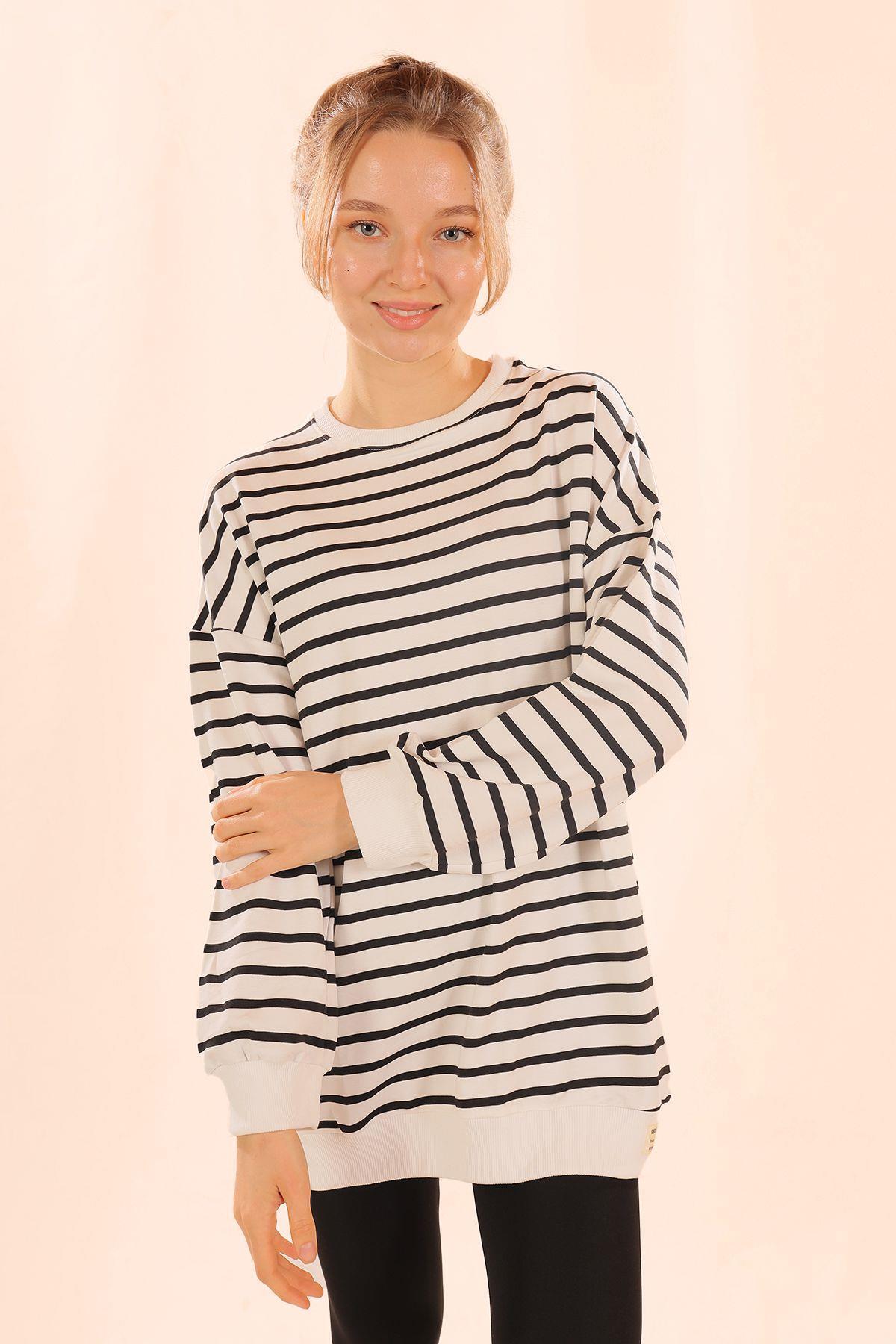 6859 Bisiklet Yaka Çizgili Sweat Siyah - 2