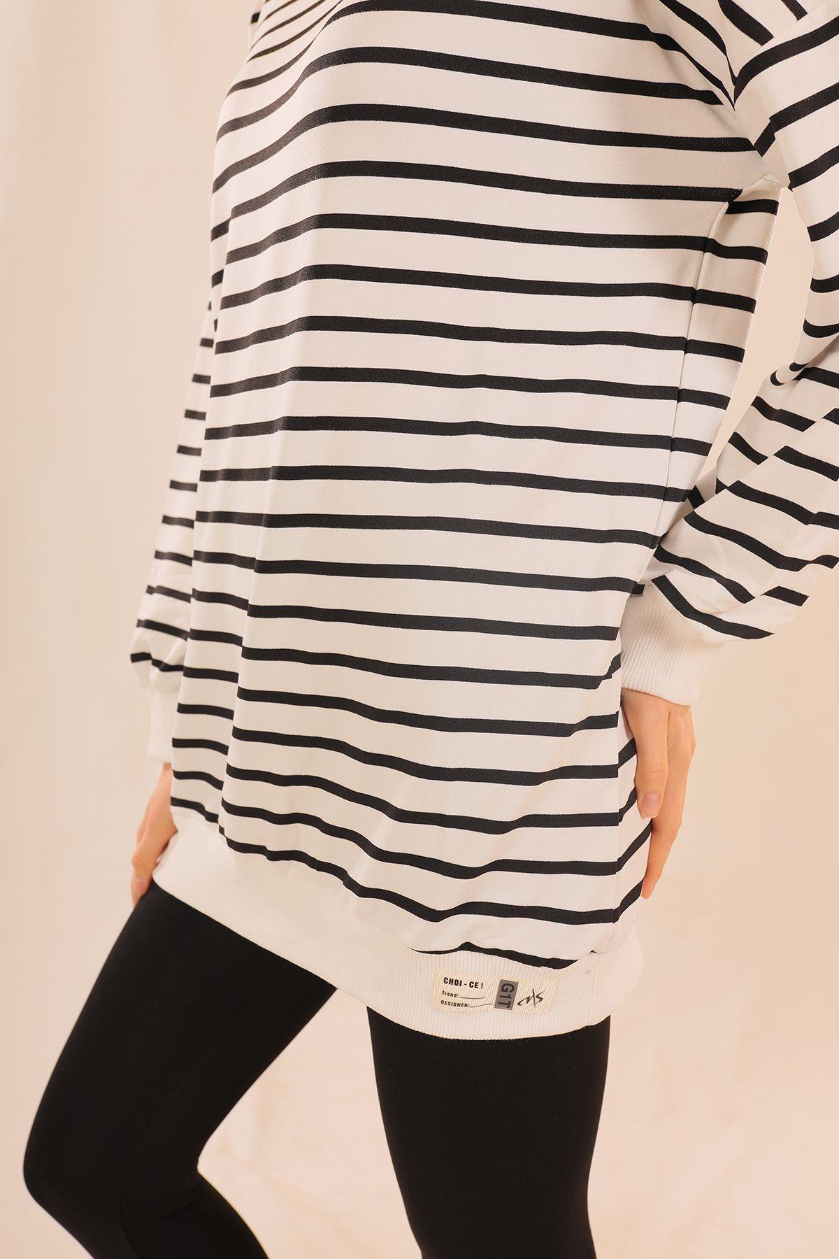 6859 Bisiklet Yaka Çizgili Sweat Siyah - 3