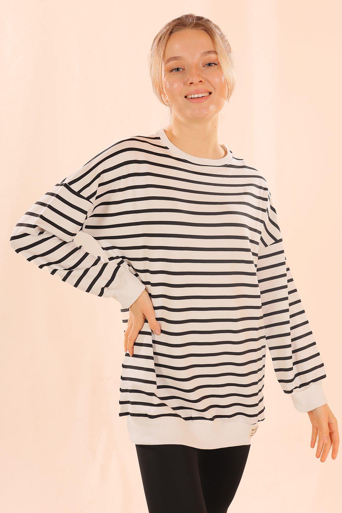 Siyah Bisiklet Yaka Çizgili Sweat 6859 