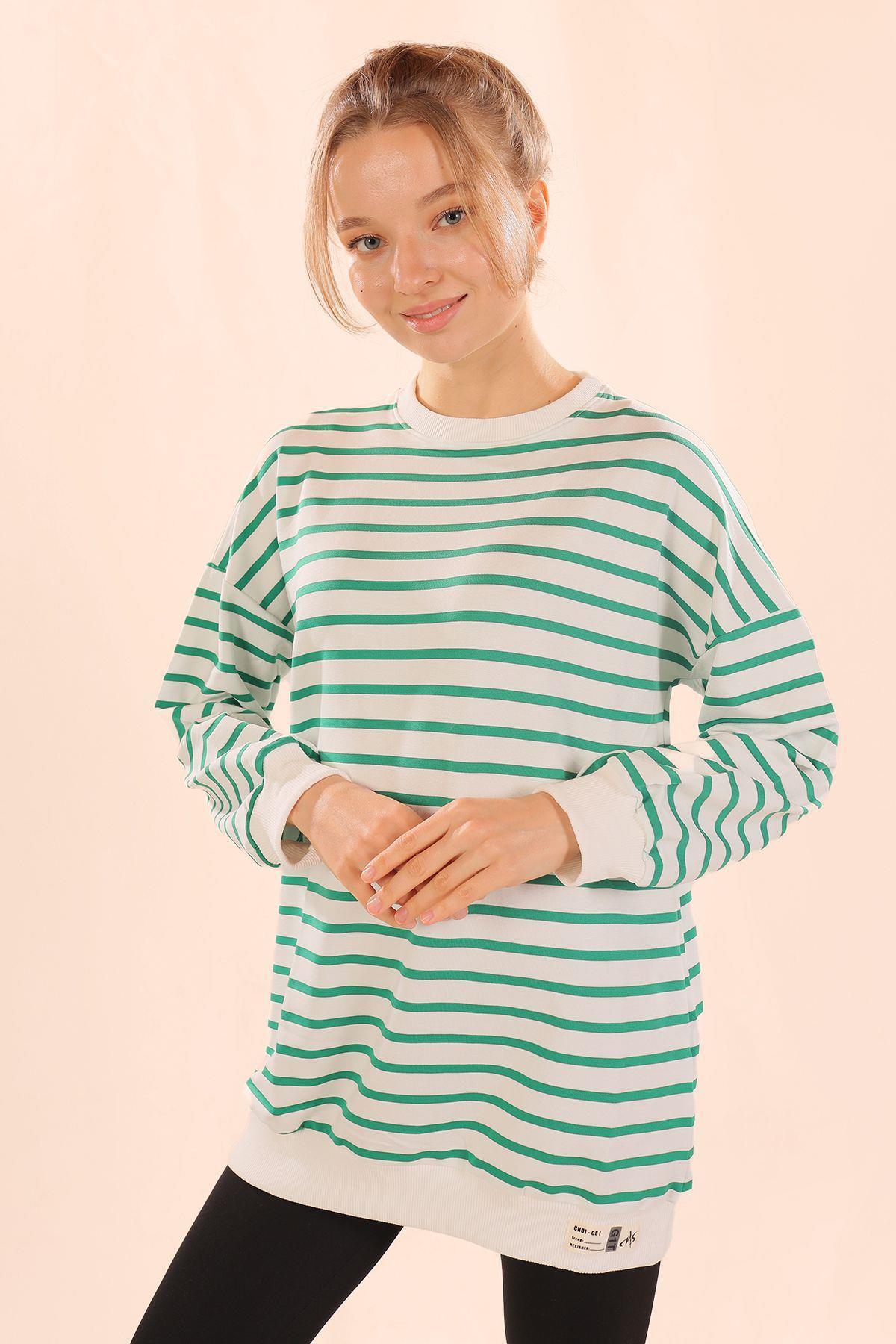 6859 Bisiklet Yaka Çizgili Sweat Yeşil 