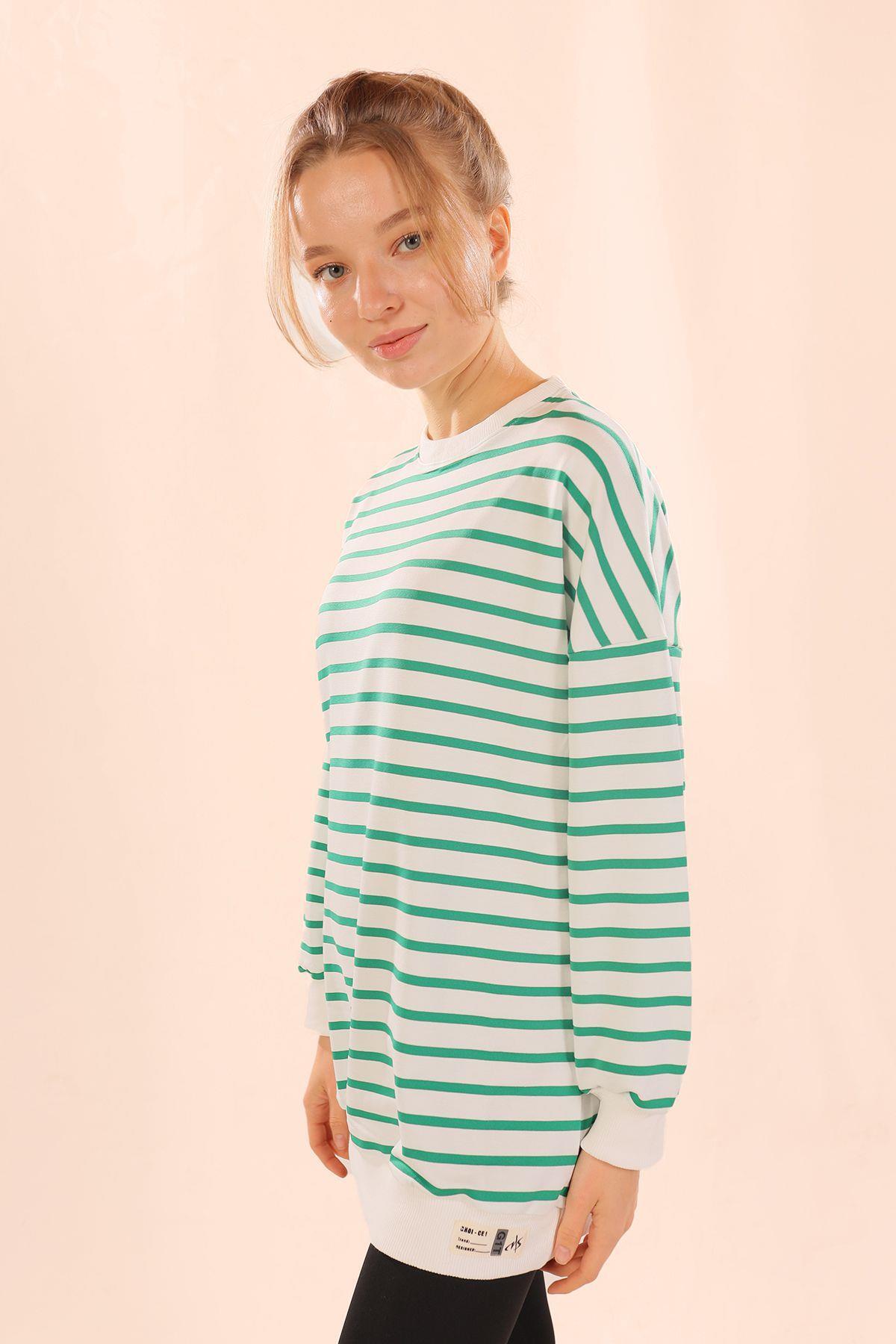 6859 Bisiklet Yaka Çizgili Sweat Yeşil - 2