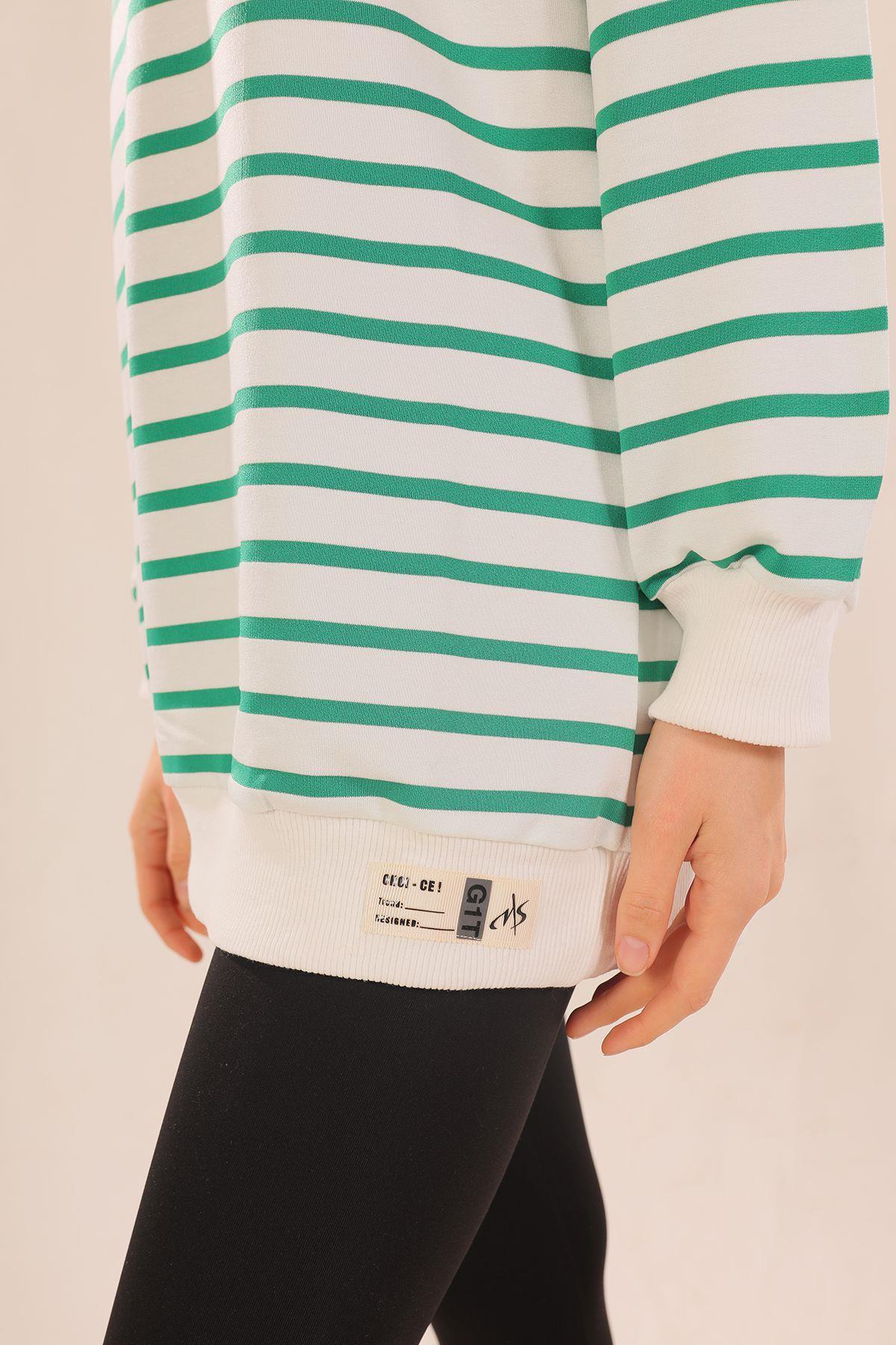 6859 Bisiklet Yaka Çizgili Sweat Yeşil - 3