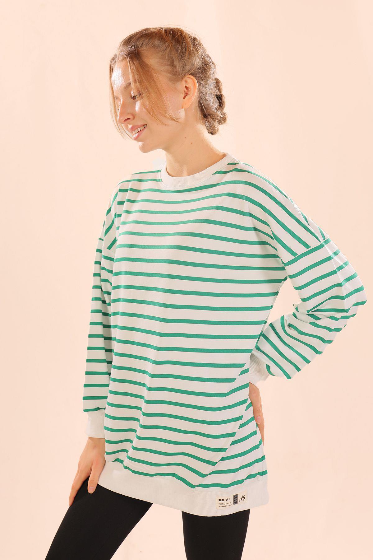 6859 Bisiklet Yaka Çizgili Sweat Yeşil - 4