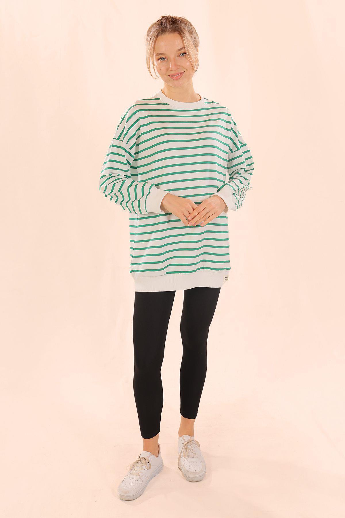 6859 Bisiklet Yaka Çizgili Sweat Yeşil - 6