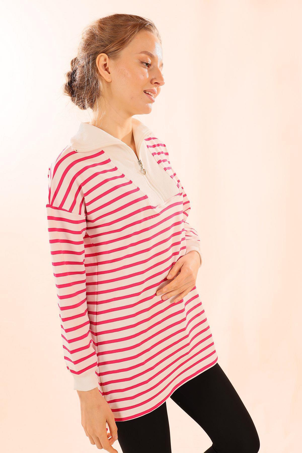 6861 Fermuarlı Çizgili Sweat Fuşya - 3