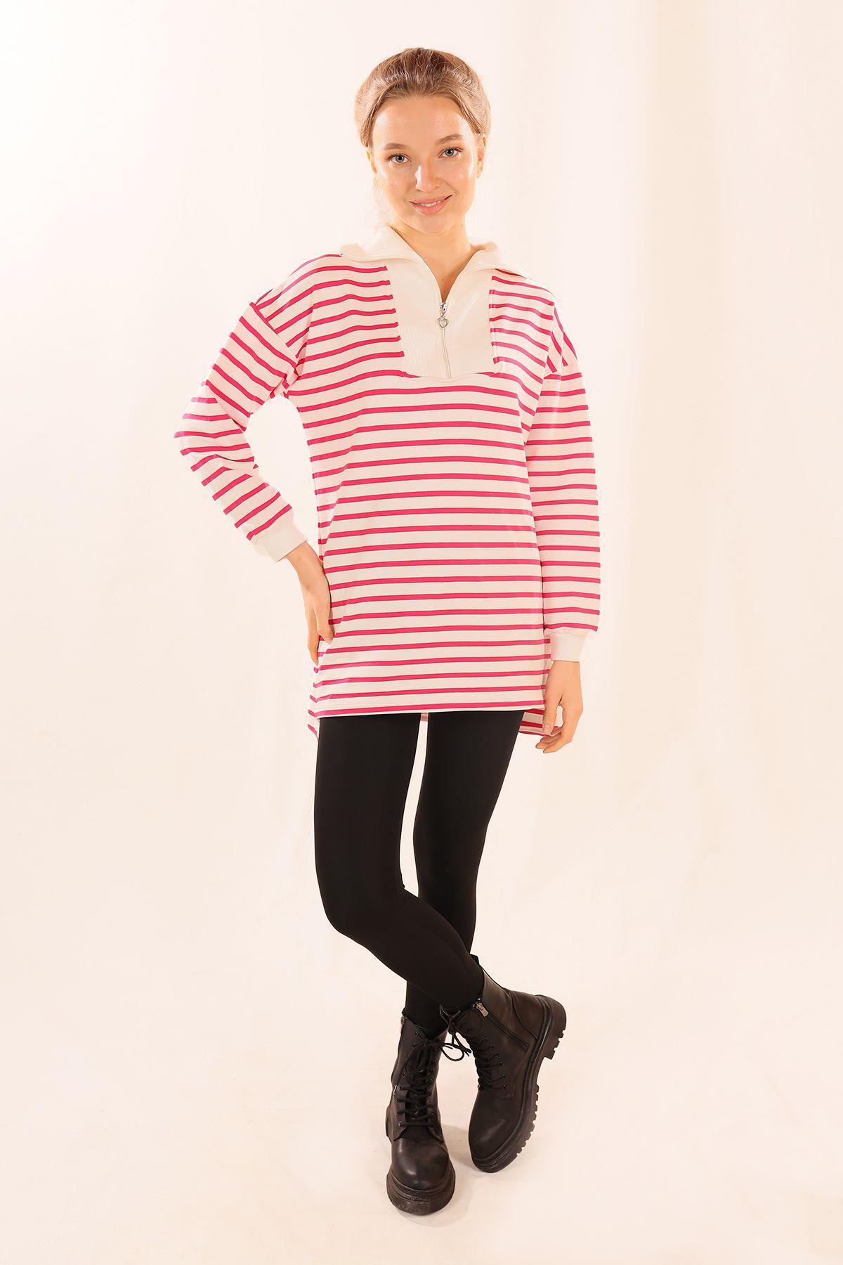 6861 Fermuarlı Çizgili Sweat Fuşya - 6