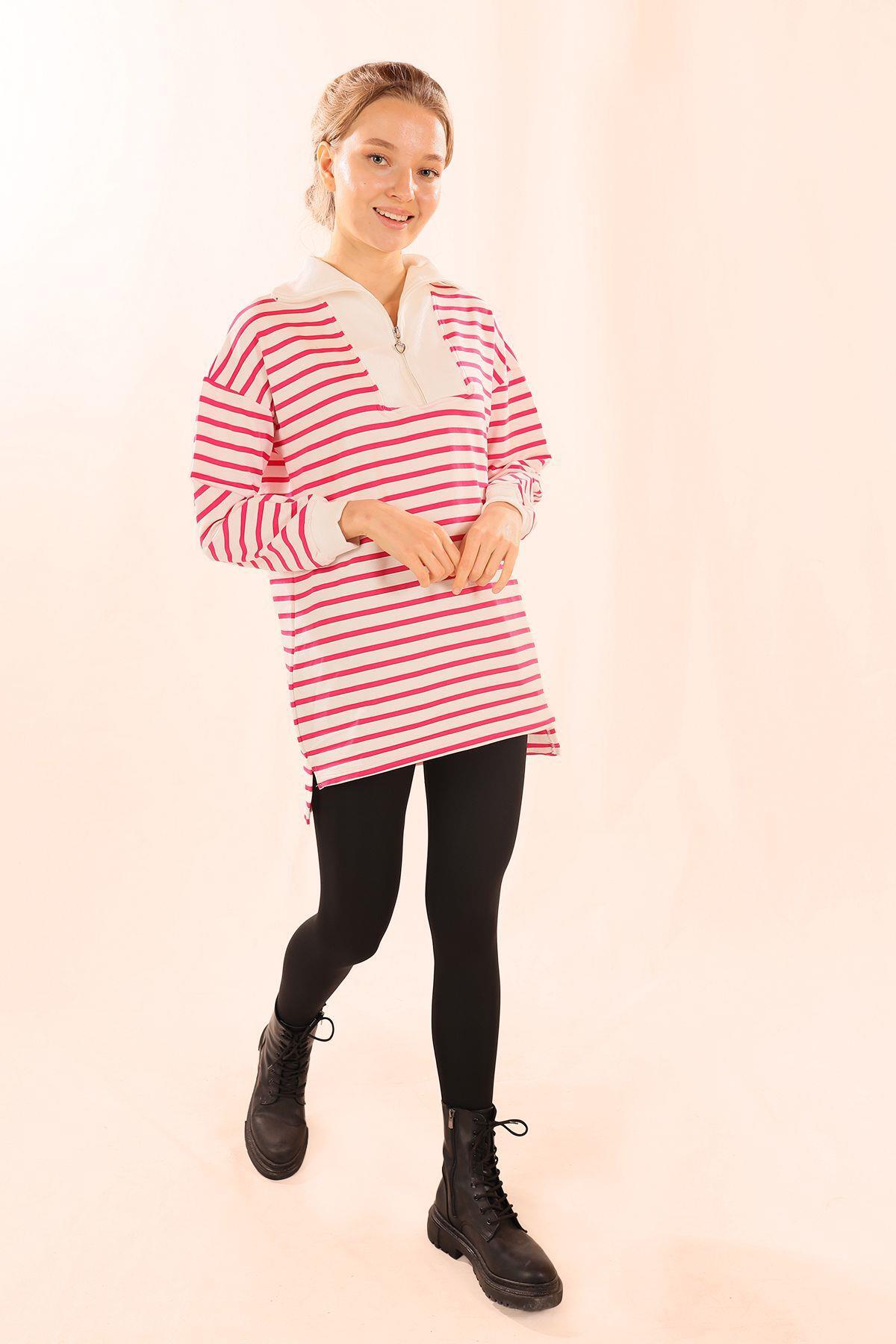 6861 Fermuarlı Çizgili Sweat Fuşya - 7