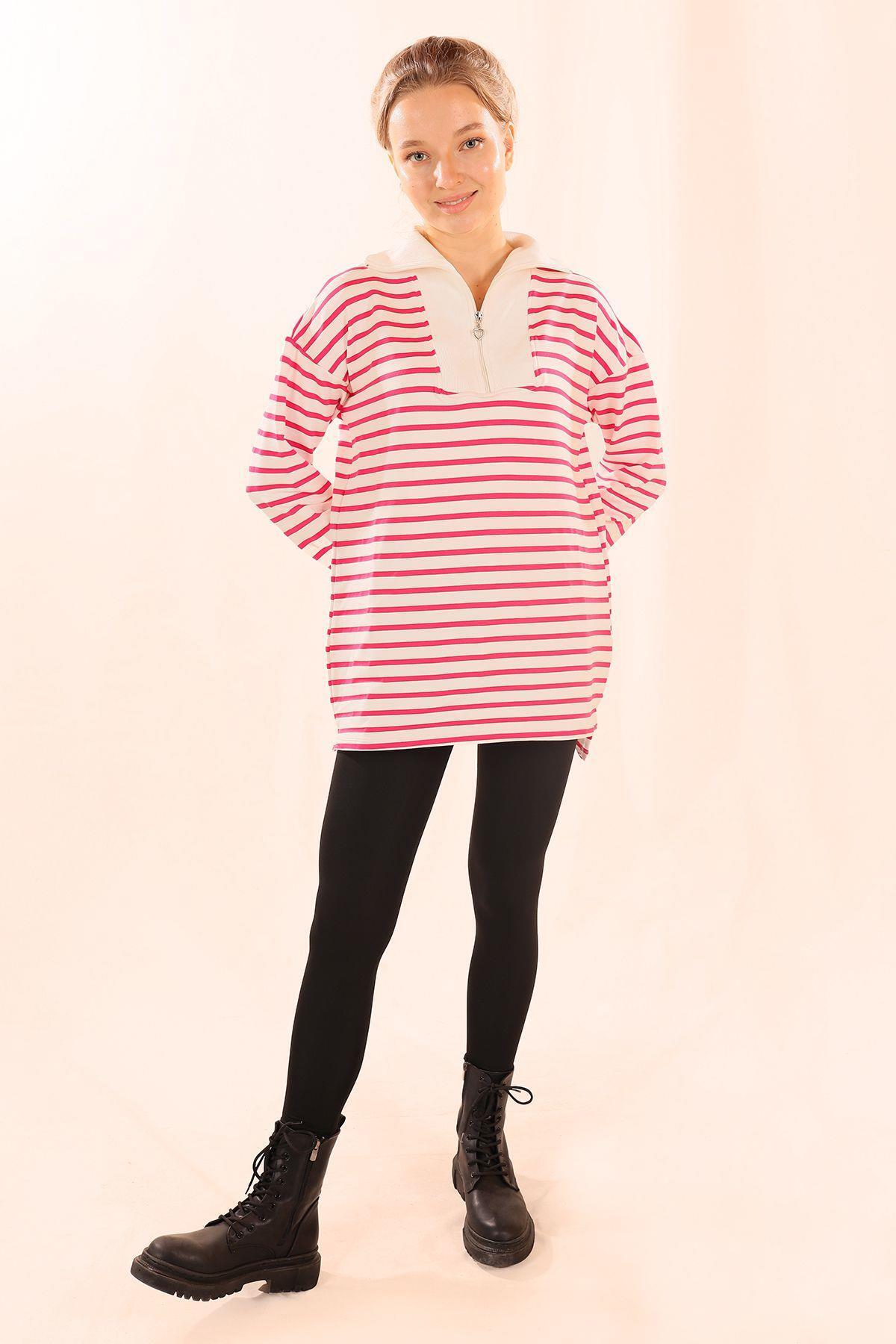 6861 Fermuarlı Çizgili Sweat Fuşya - 8