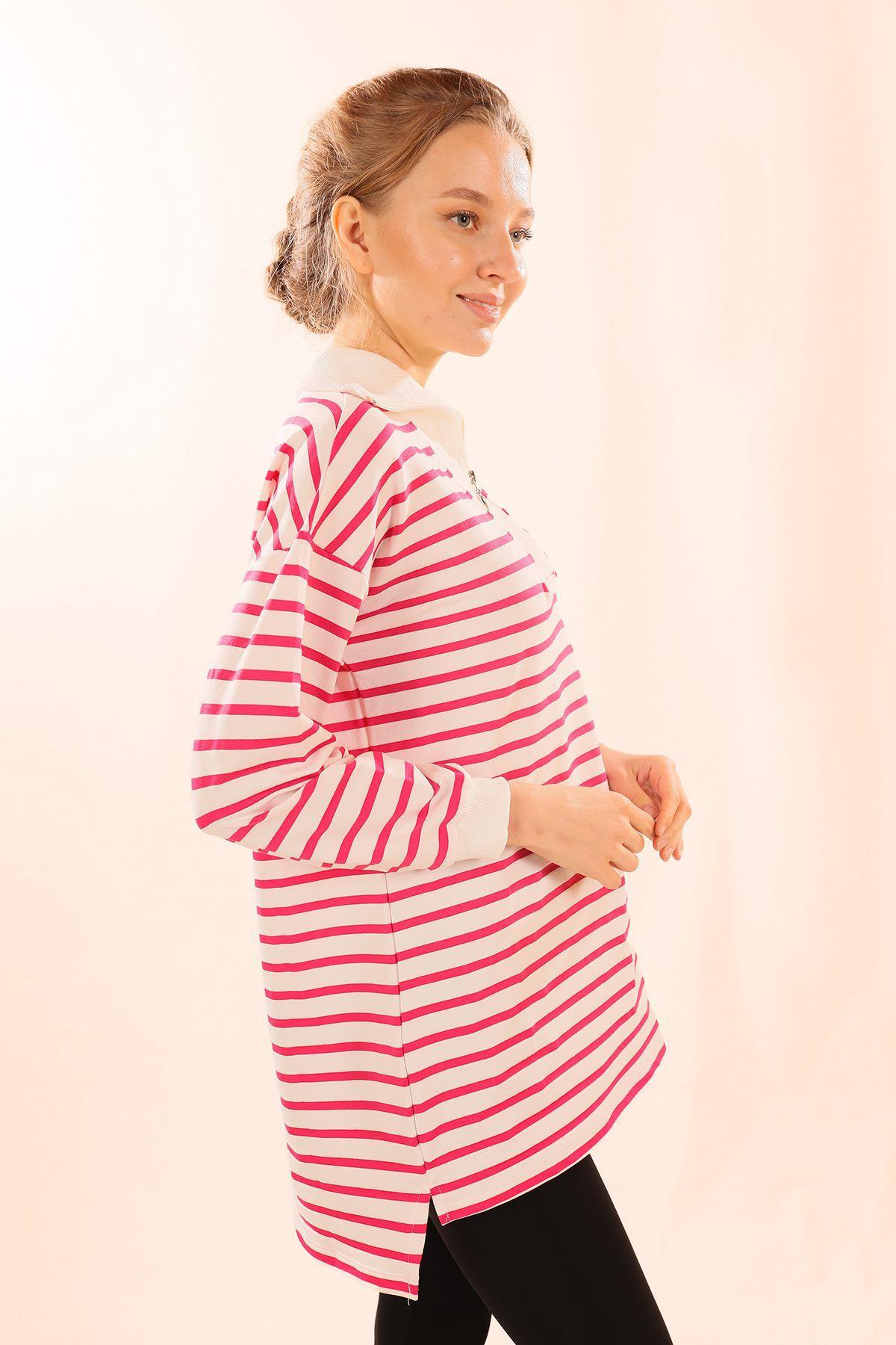 Fuşya Fermuarlı Çizgili Sweat 6861 - 2