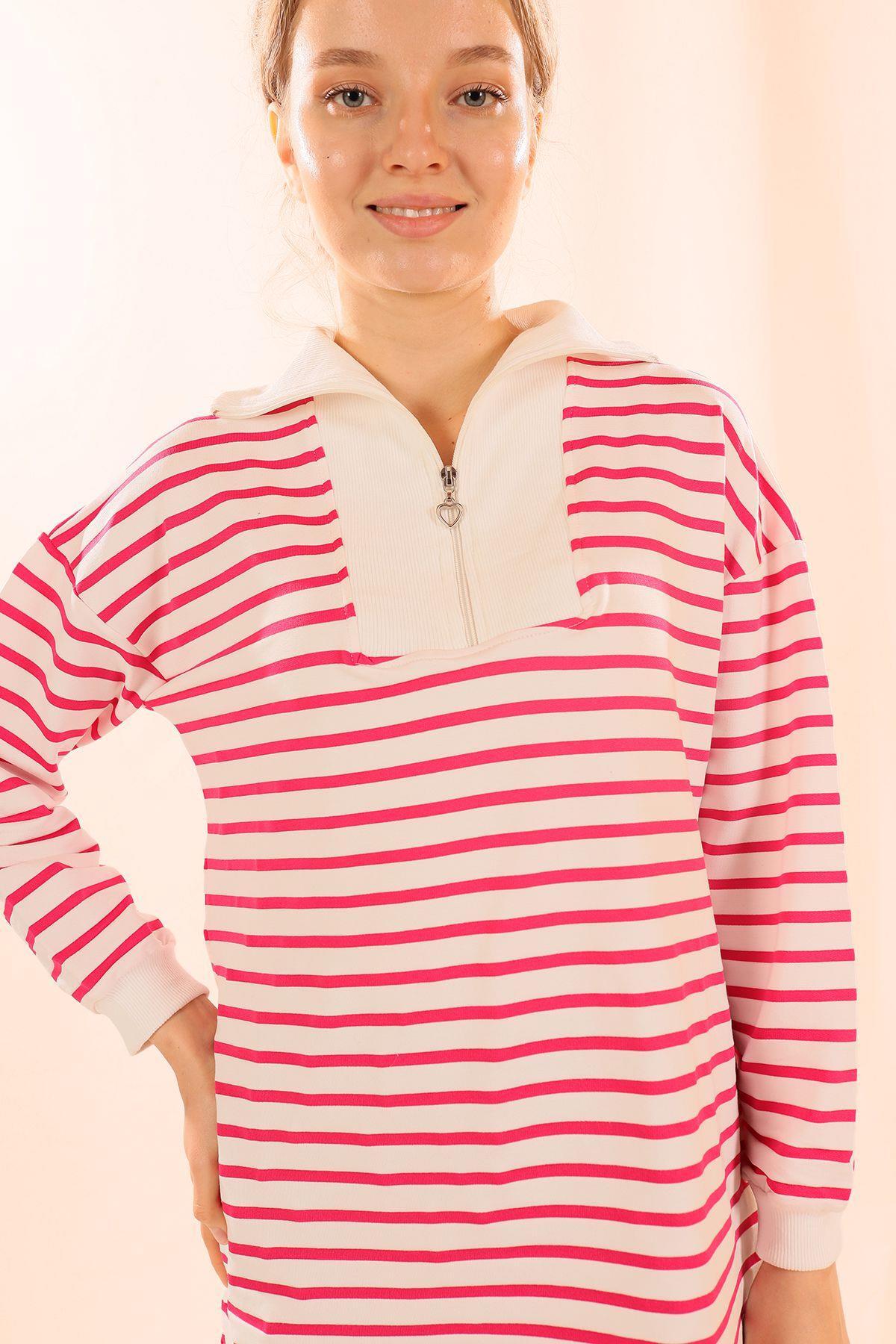 Fuşya Fermuarlı Çizgili Sweat 6861 - 4