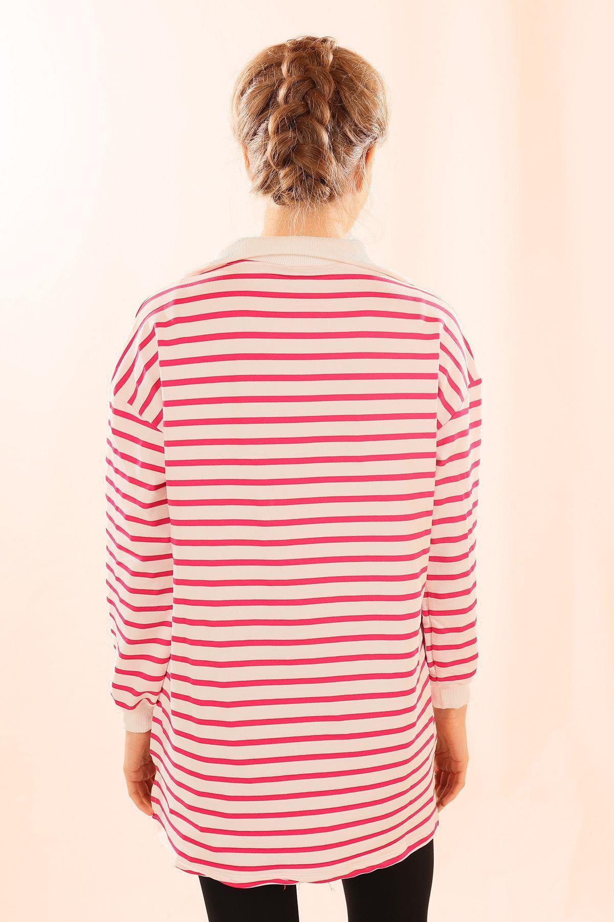 Fuşya Fermuarlı Çizgili Sweat 6861 - 5