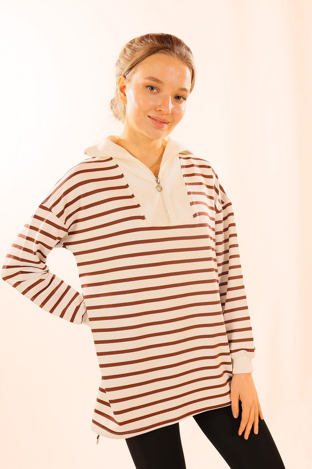 6861 Fermuarlı Çizgili Sweat Kahve - 3