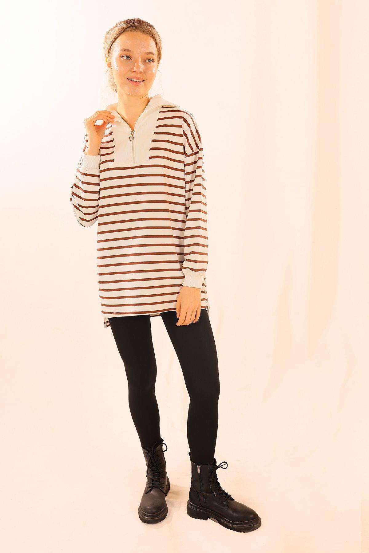 6861 Fermuarlı Çizgili Sweat Kahve - 5
