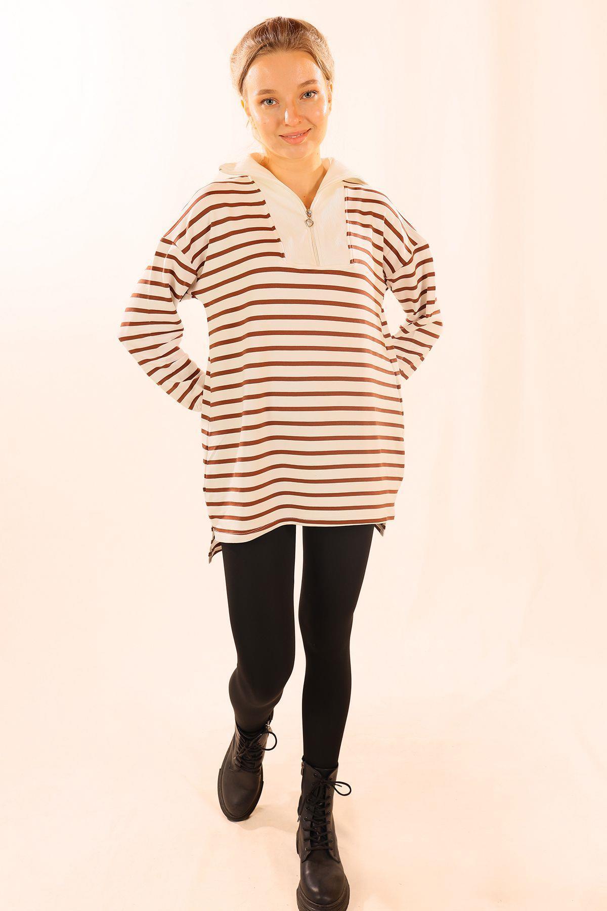 6861 Fermuarlı Çizgili Sweat Kahve - 6